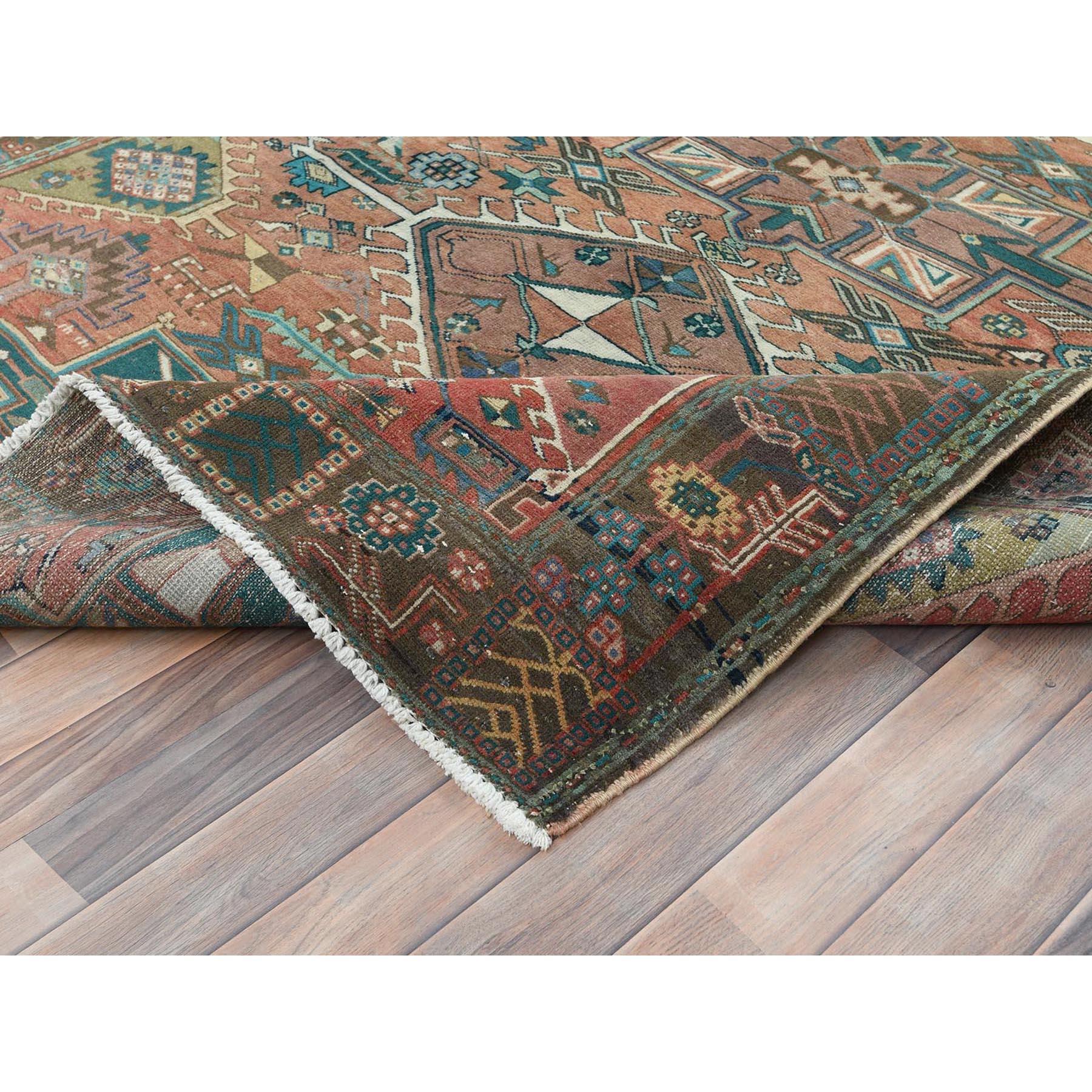Red Rustic Look Worn Wool Hand Knotted Vintage Persian Heriz Shaved Down Rug 1