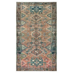 Red Rustic Look Worn Wool Hand Knotted Vintage Persian Heriz Shaved Down Rug