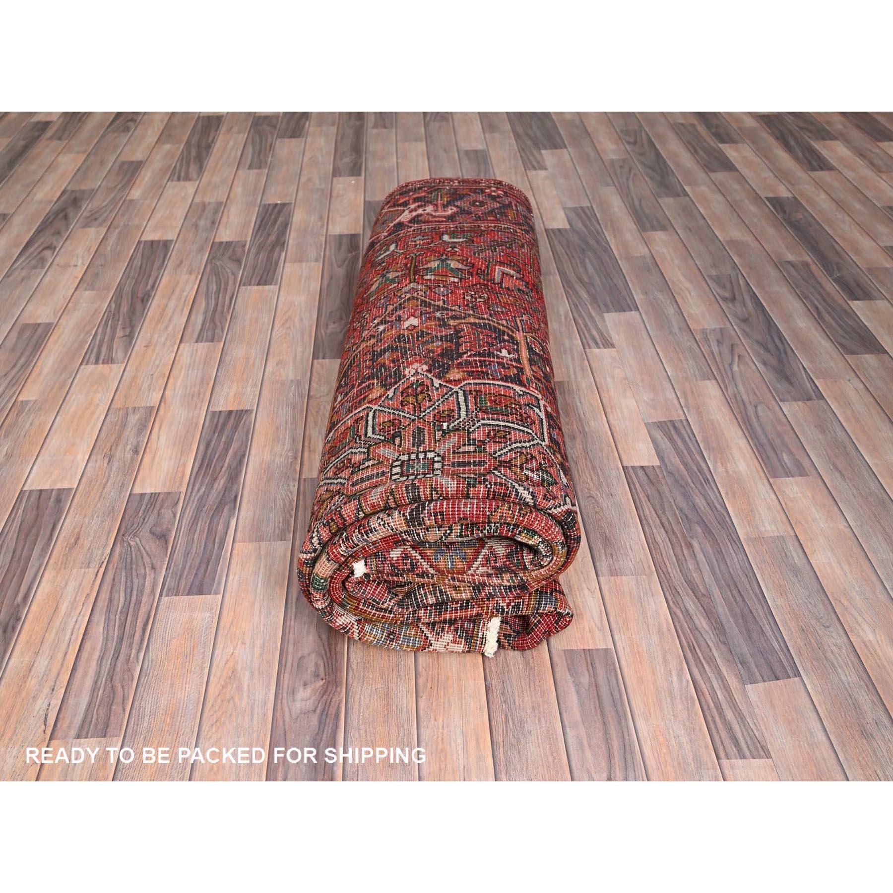Red Rustic Look Worn Wool Hand Knotted Vintage Persian Heriz Tribal Ambience Rug For Sale 5
