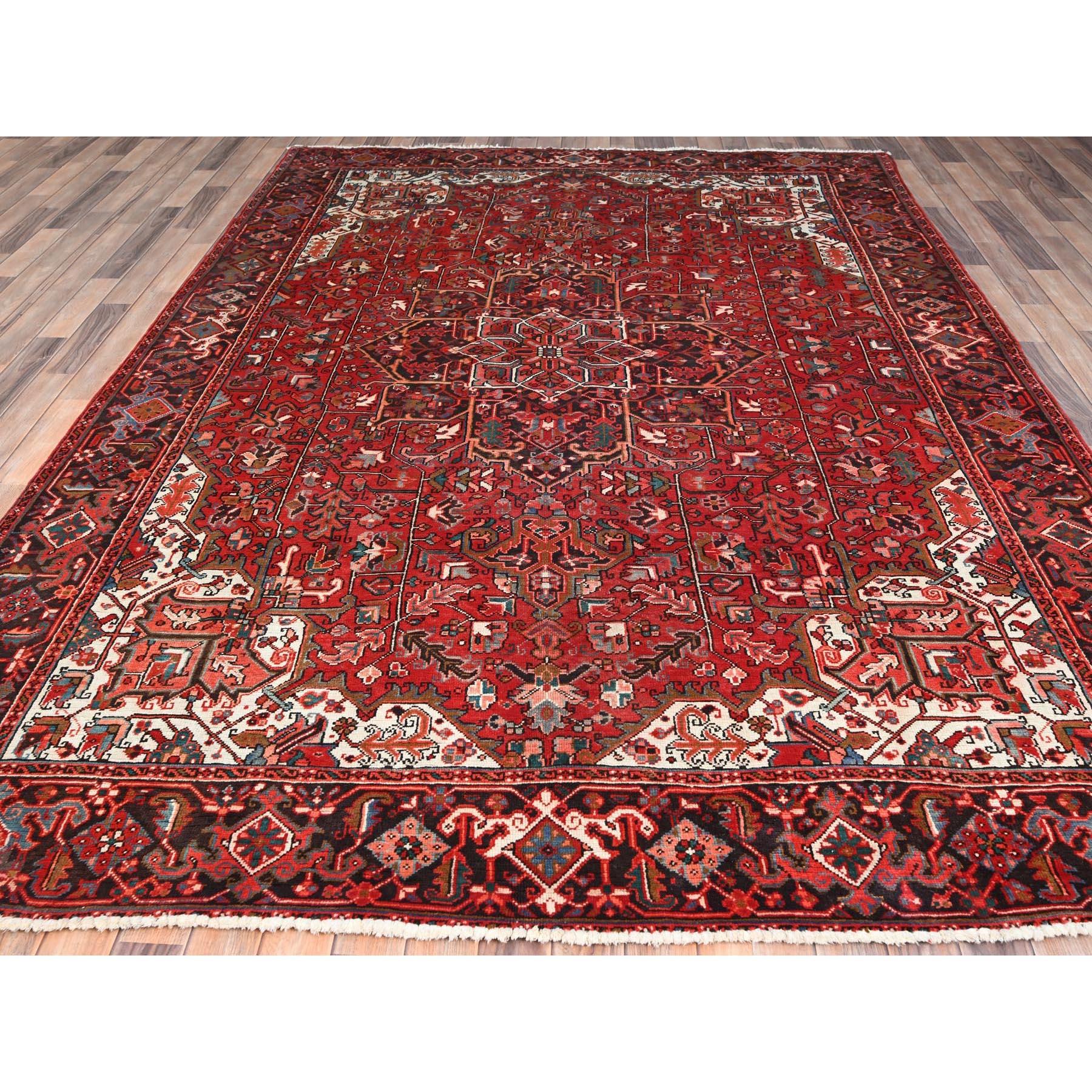 Hand-Knotted Red Rustic Look Worn Wool Hand Knotted Vintage Persian Heriz Tribal Ambience Rug For Sale