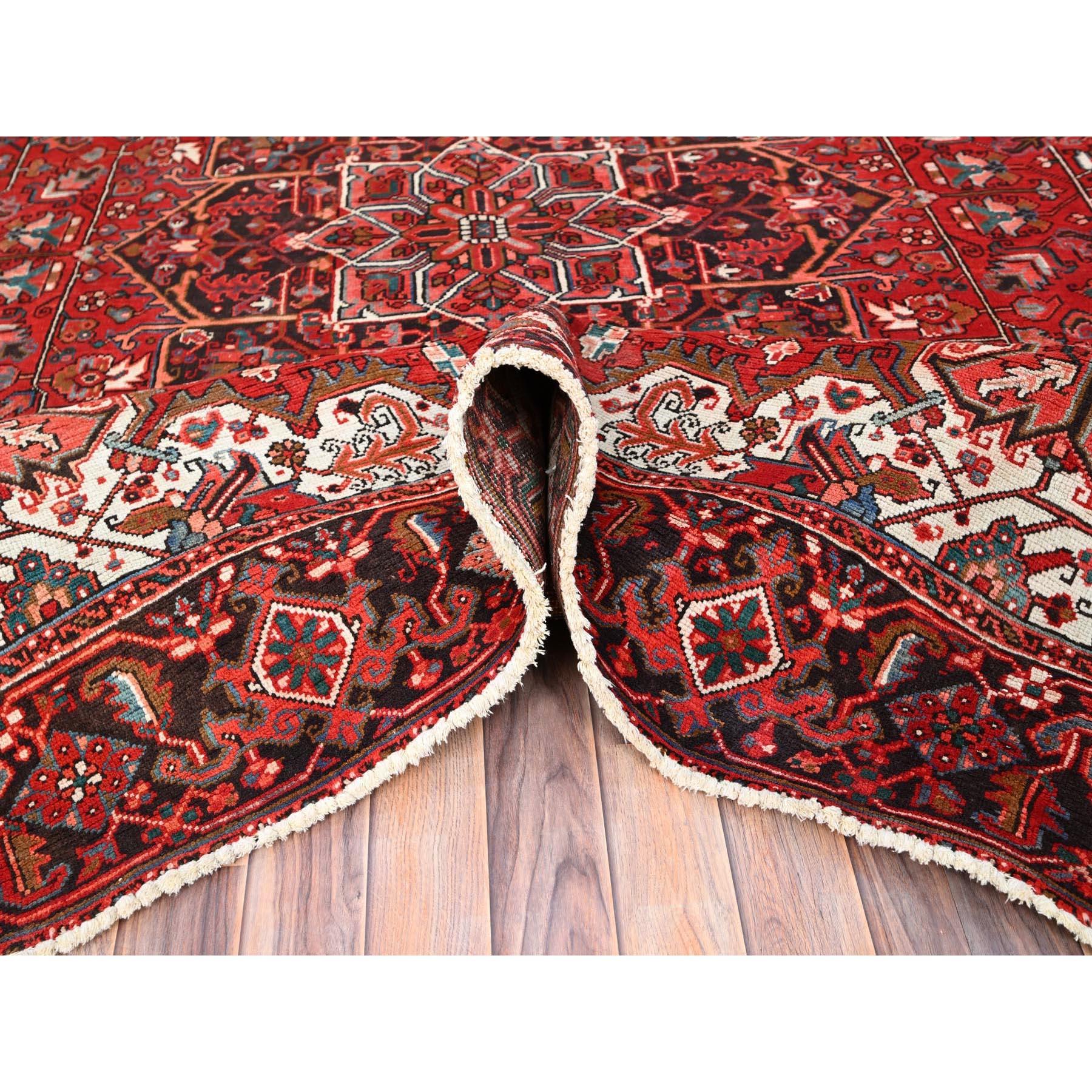 Red Rustic Look Worn Wool Hand Knotted Vintage Persian Heriz Tribal Ambience Rug For Sale 1
