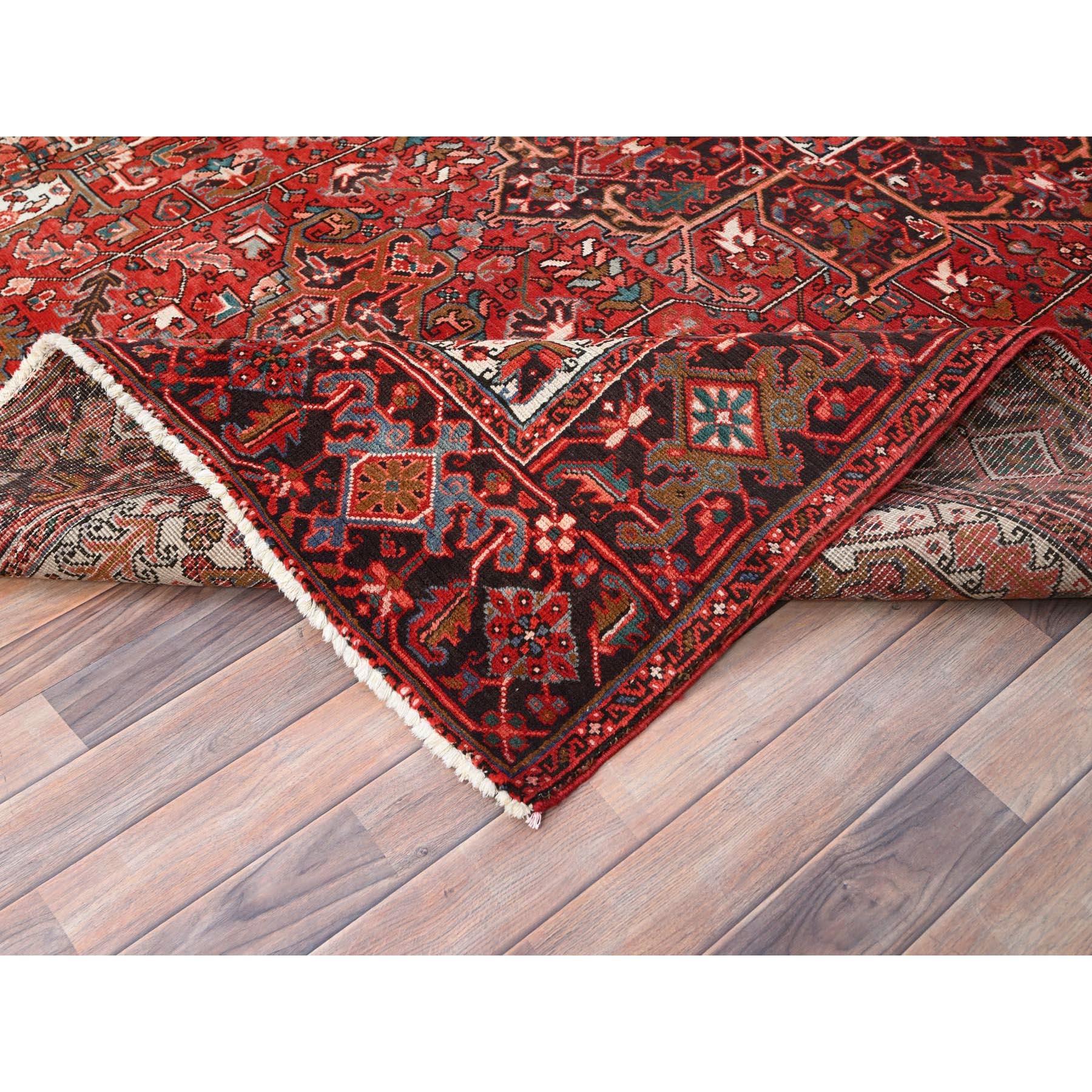 Red Rustic Look Worn Wool Hand Knotted Vintage Persian Heriz Tribal Ambience Rug For Sale 2