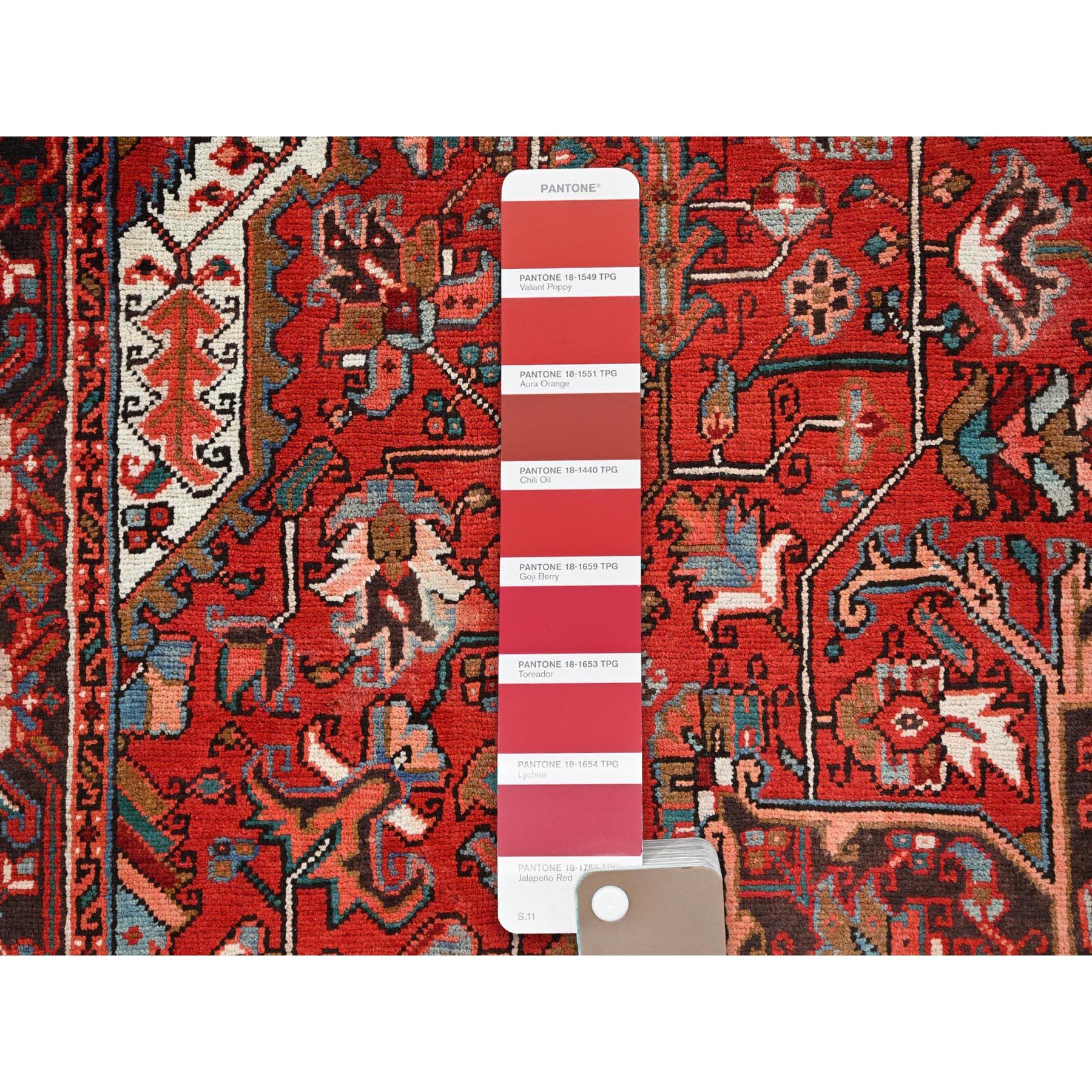 Red Rustic Look Worn Wool Hand Knotted Vintage Persian Heriz Tribal Ambience Rug For Sale 3