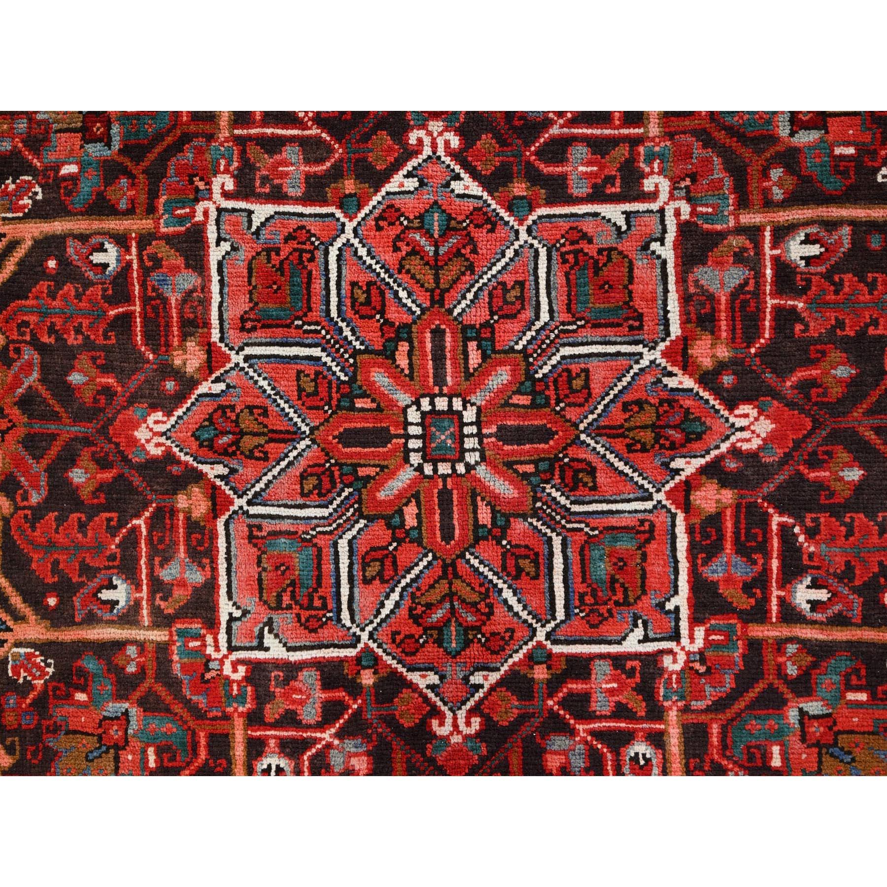 Red Rustic Look Worn Wool Hand Knotted Vintage Persian Heriz Tribal Ambience Rug For Sale 4