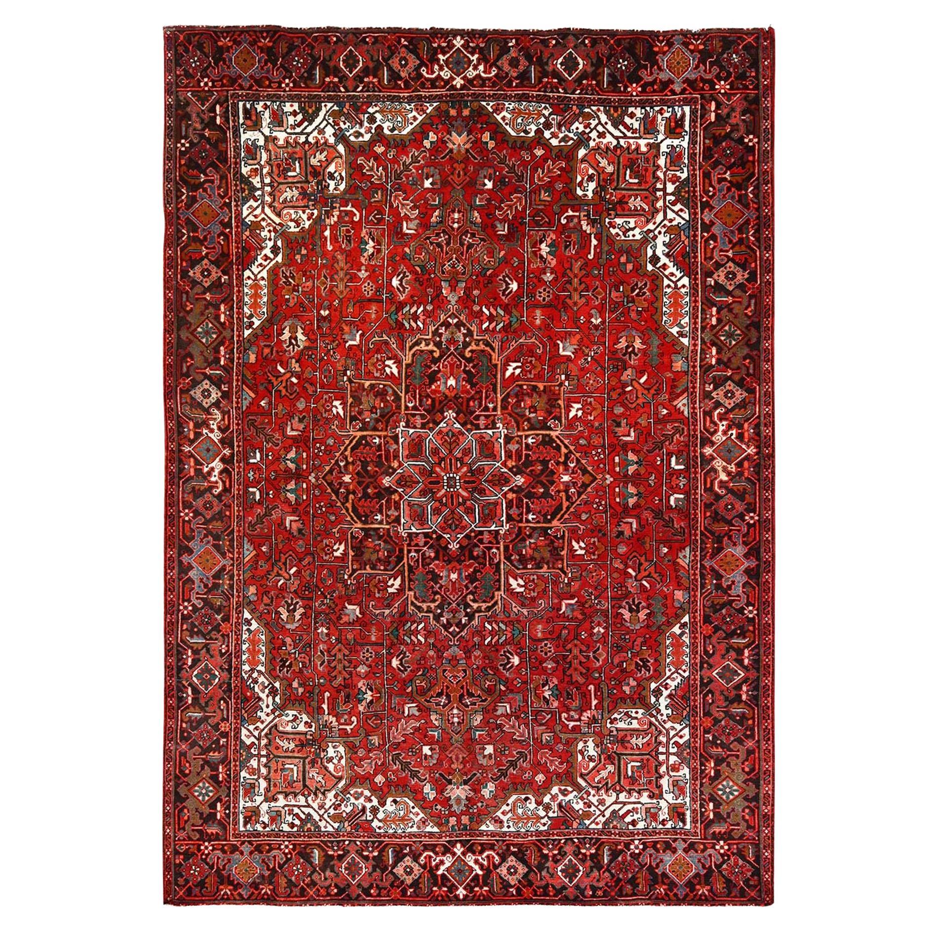 Red Rustic Look Worn Wool Hand Knotted Vintage Persian Heriz Tribal Ambience Rug For Sale