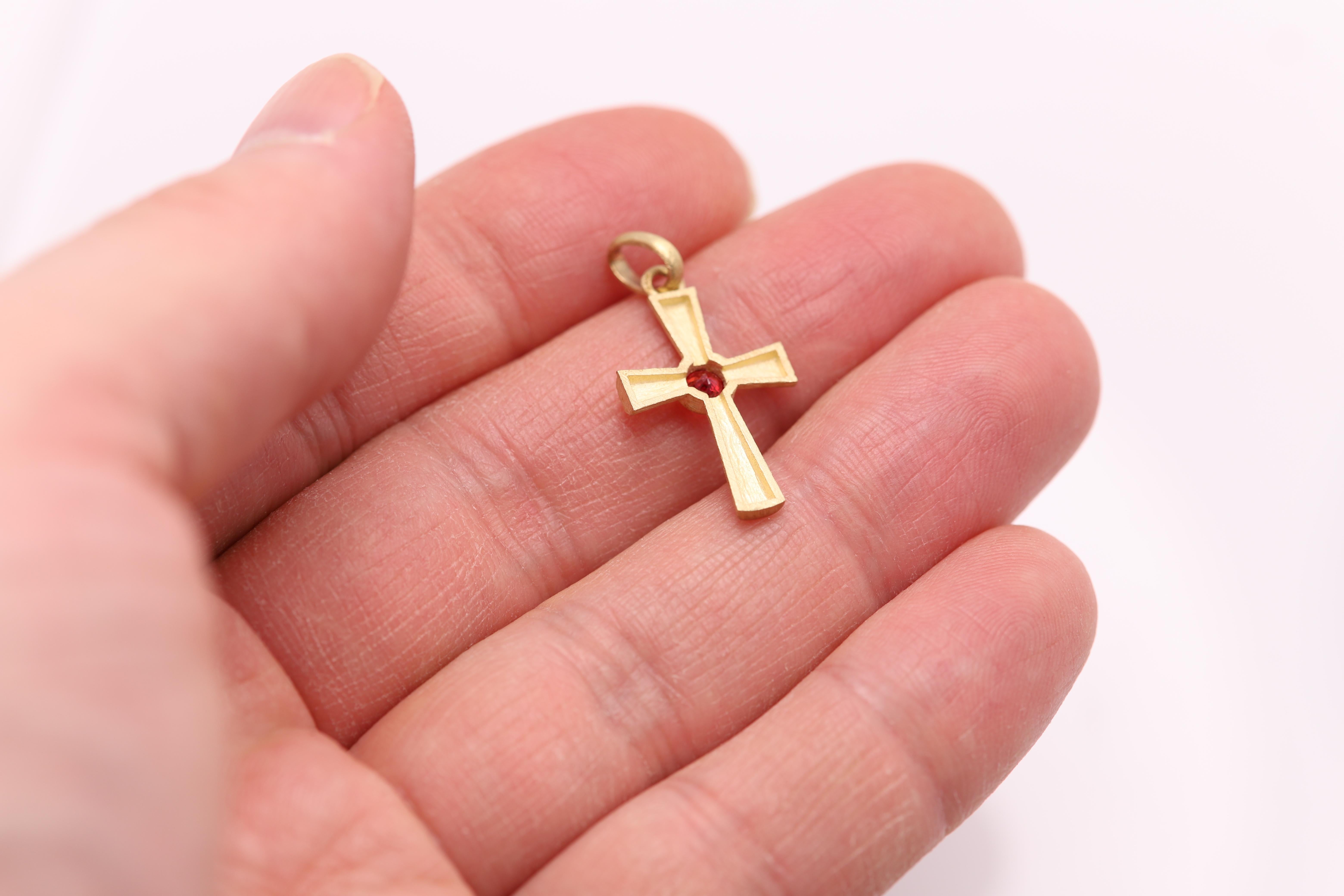Red Sapphire Cross Pendant 14 Karat Yellow Gold Natural Red Sapphire For Sale 1