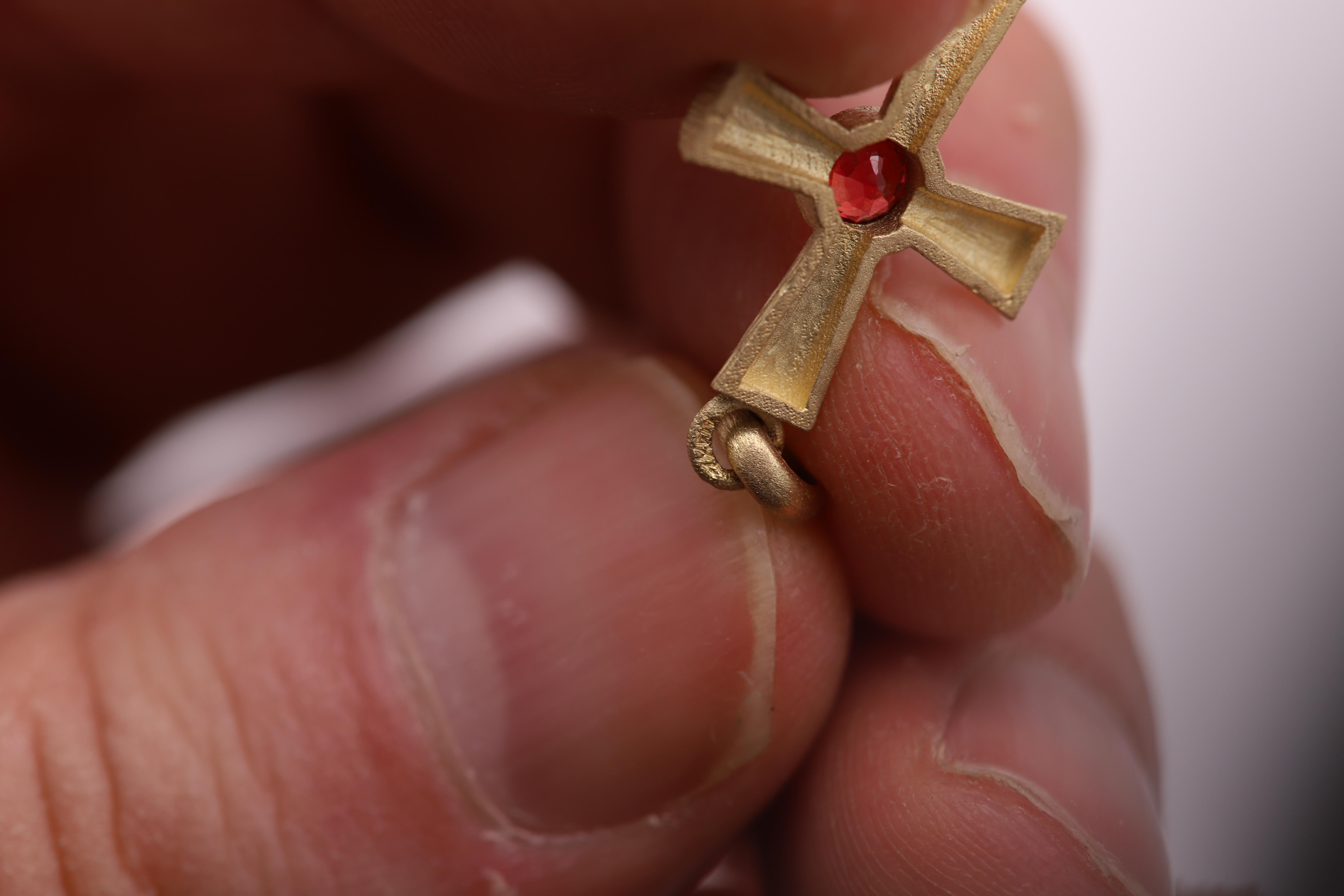 Red Sapphire Cross Pendant 14 Karat Yellow Gold Natural Red Sapphire For Sale 3