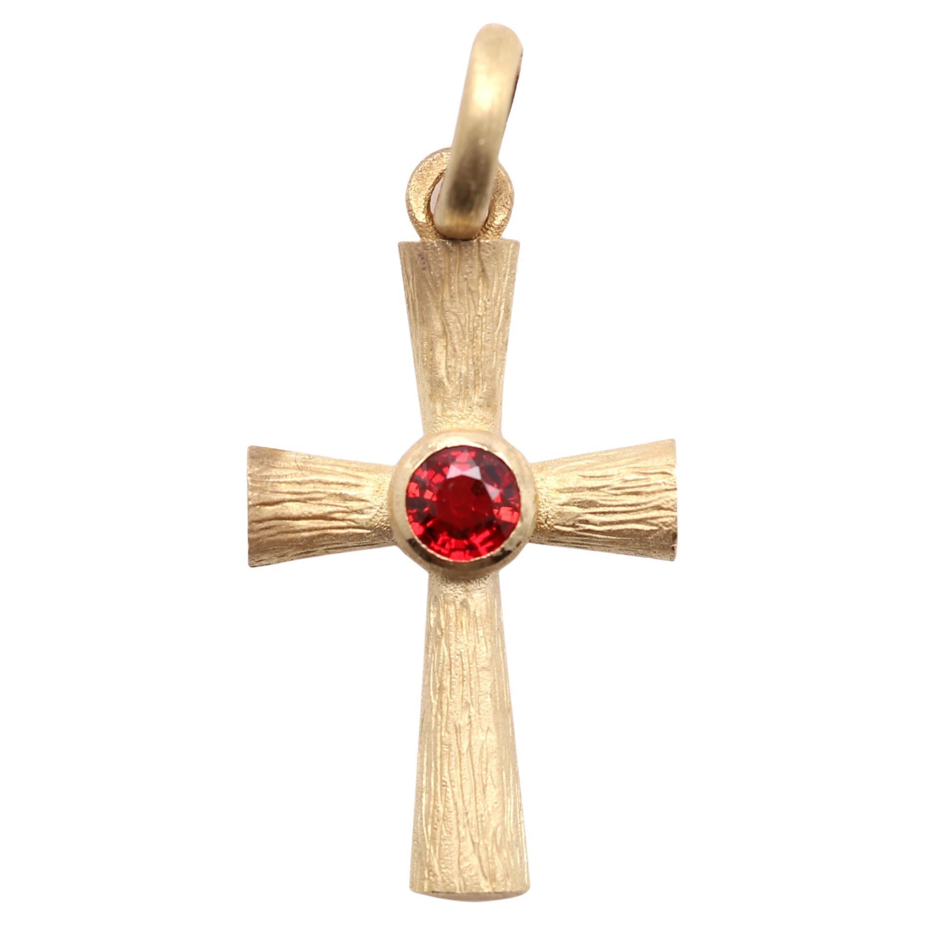 Red Sapphire Cross Pendant 14 Karat Yellow Gold Natural Red Sapphire For Sale