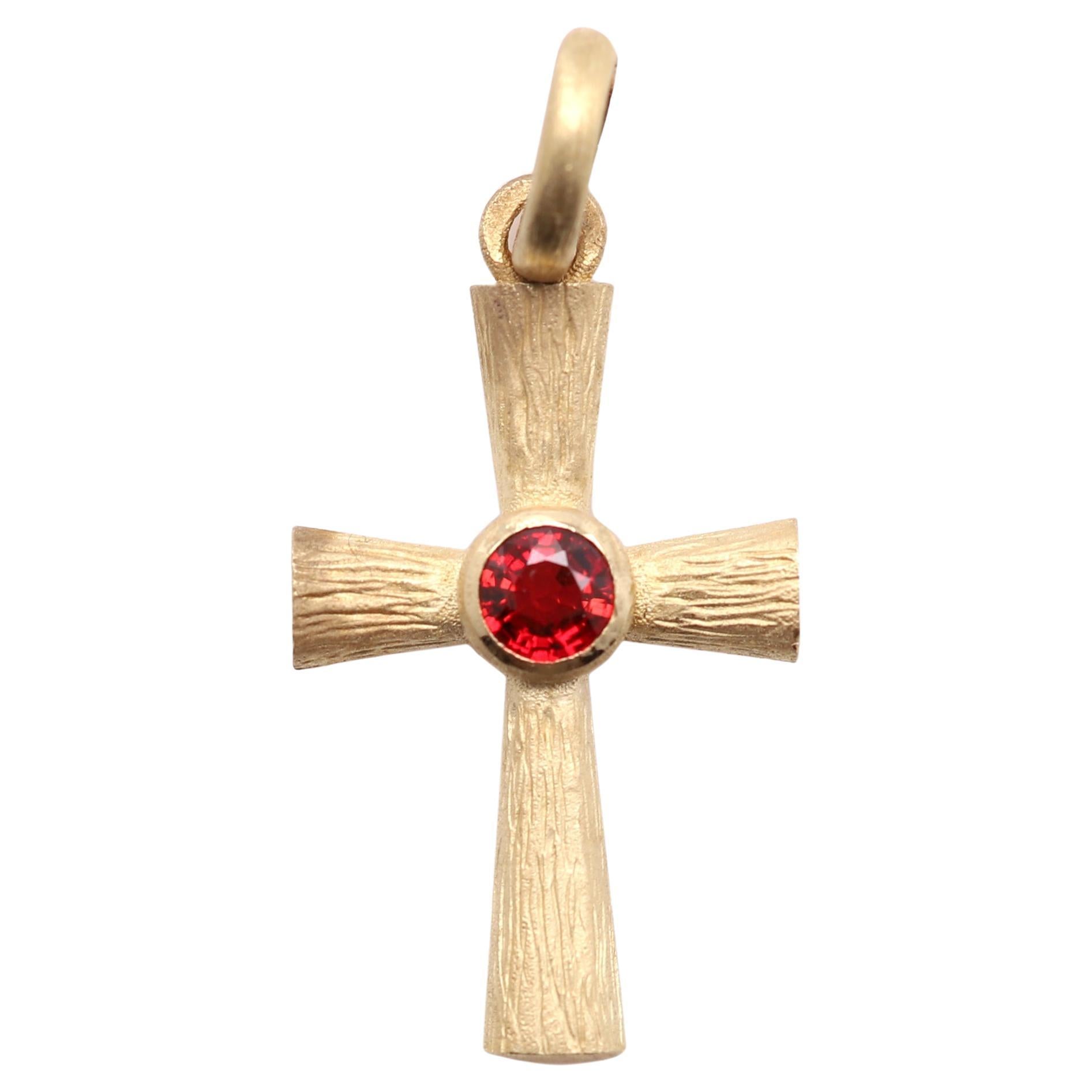 Red Sapphire Cross Pendant 14 Karat Yellow Gold Natural Red Sapphire