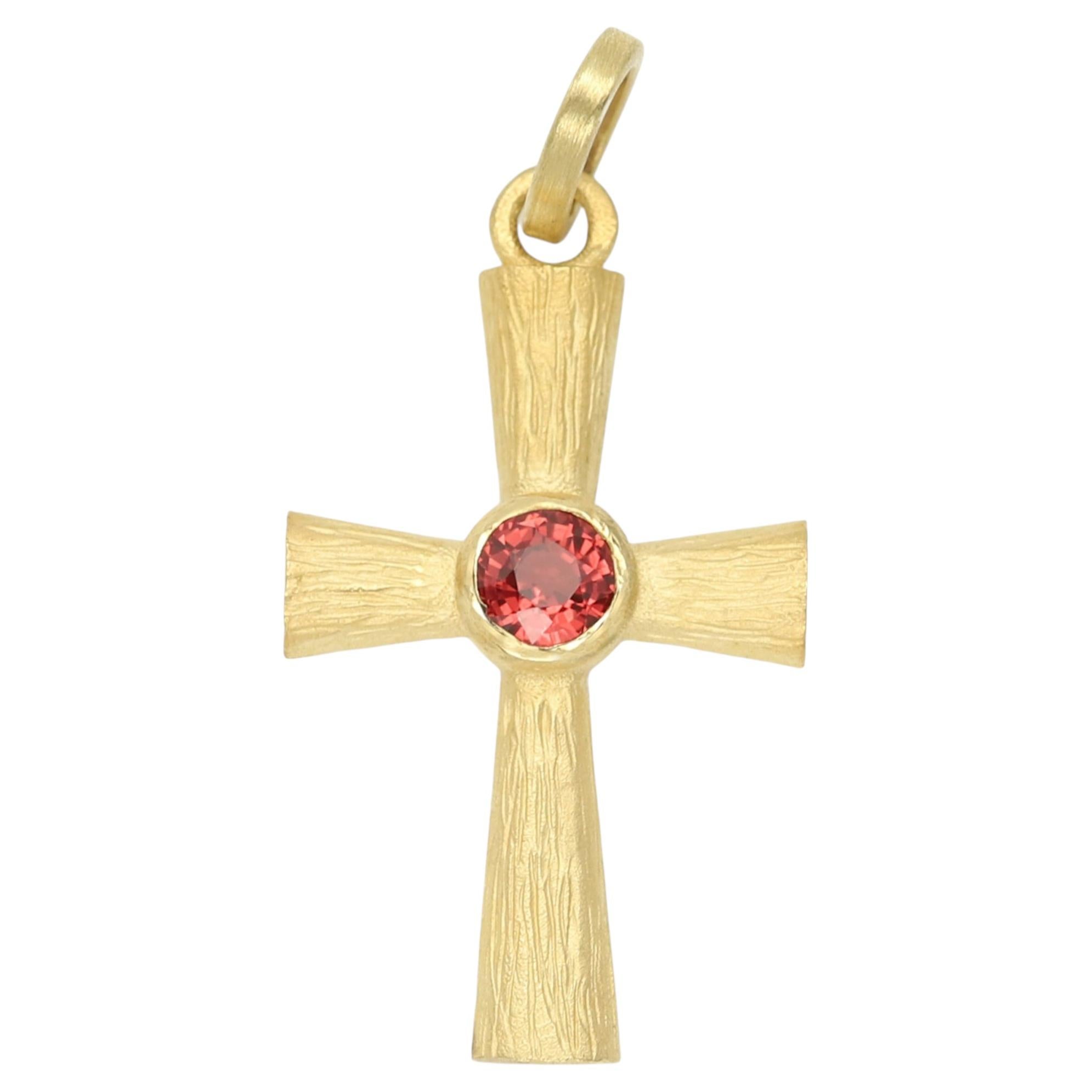 Red Sapphire Cross Pendant 14K Yellow Gold Natural Sapphire For Sale