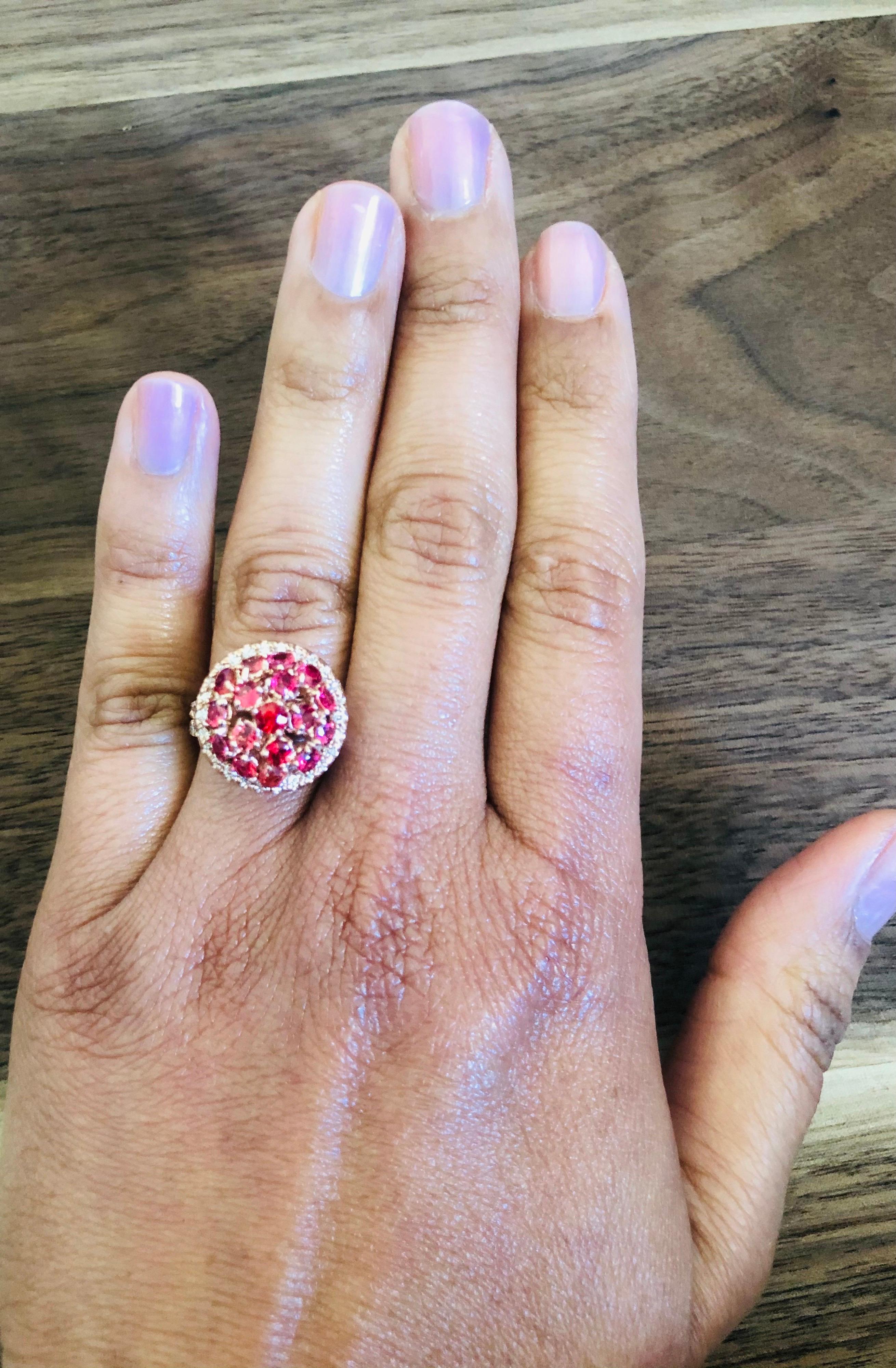 Round Cut Red Sapphire Diamond 14 Karat Rose Gold Cocktail Ring For Sale
