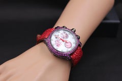Red Sapphire & Diamond Pave Dial Luxury Swiss Quartz Exotic Leather Band Watch