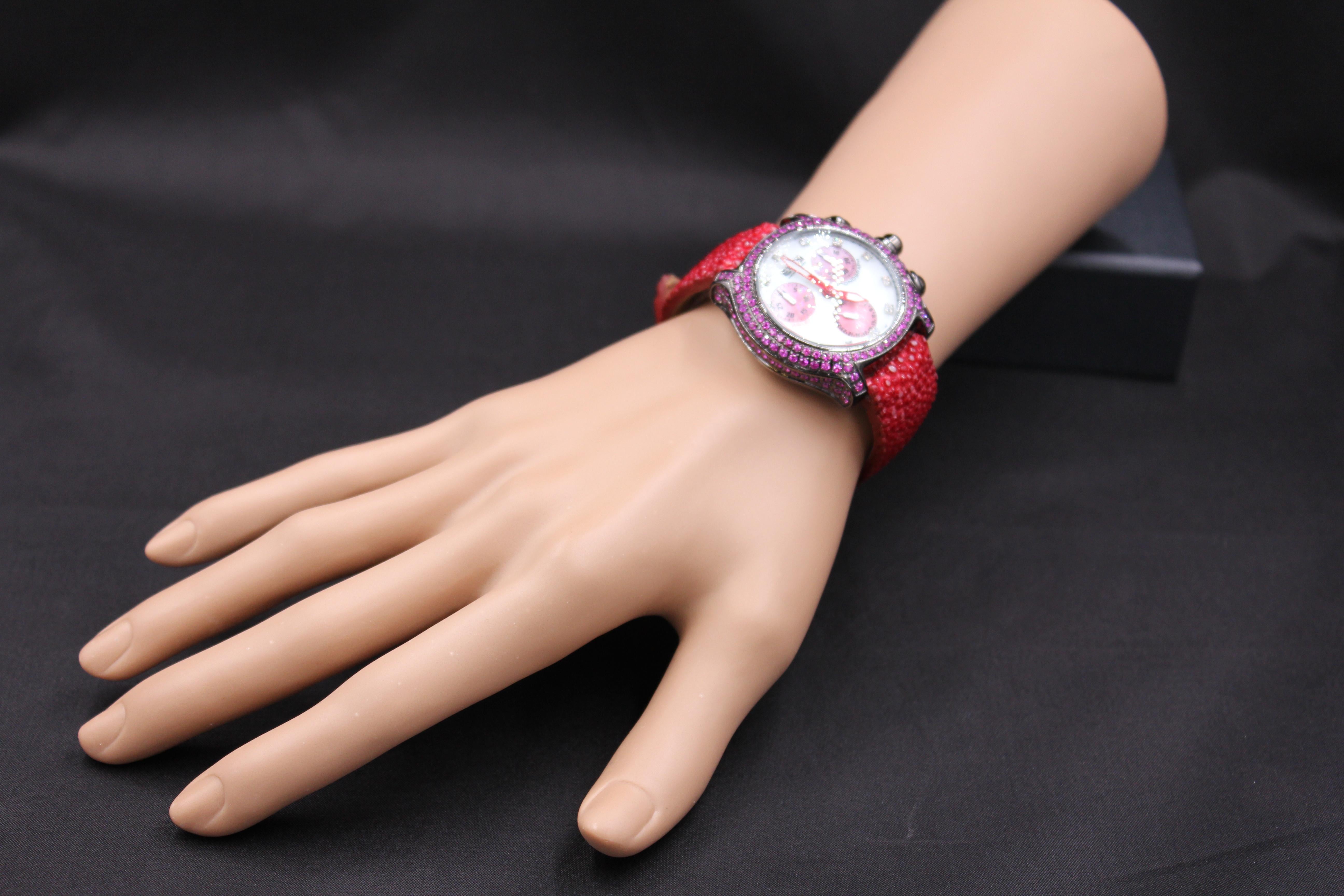 Mixed Cut Red Sapphire & Diamond Pave Dial Luxury Swiss Quartz Exotic Leather Band Watch For Sale