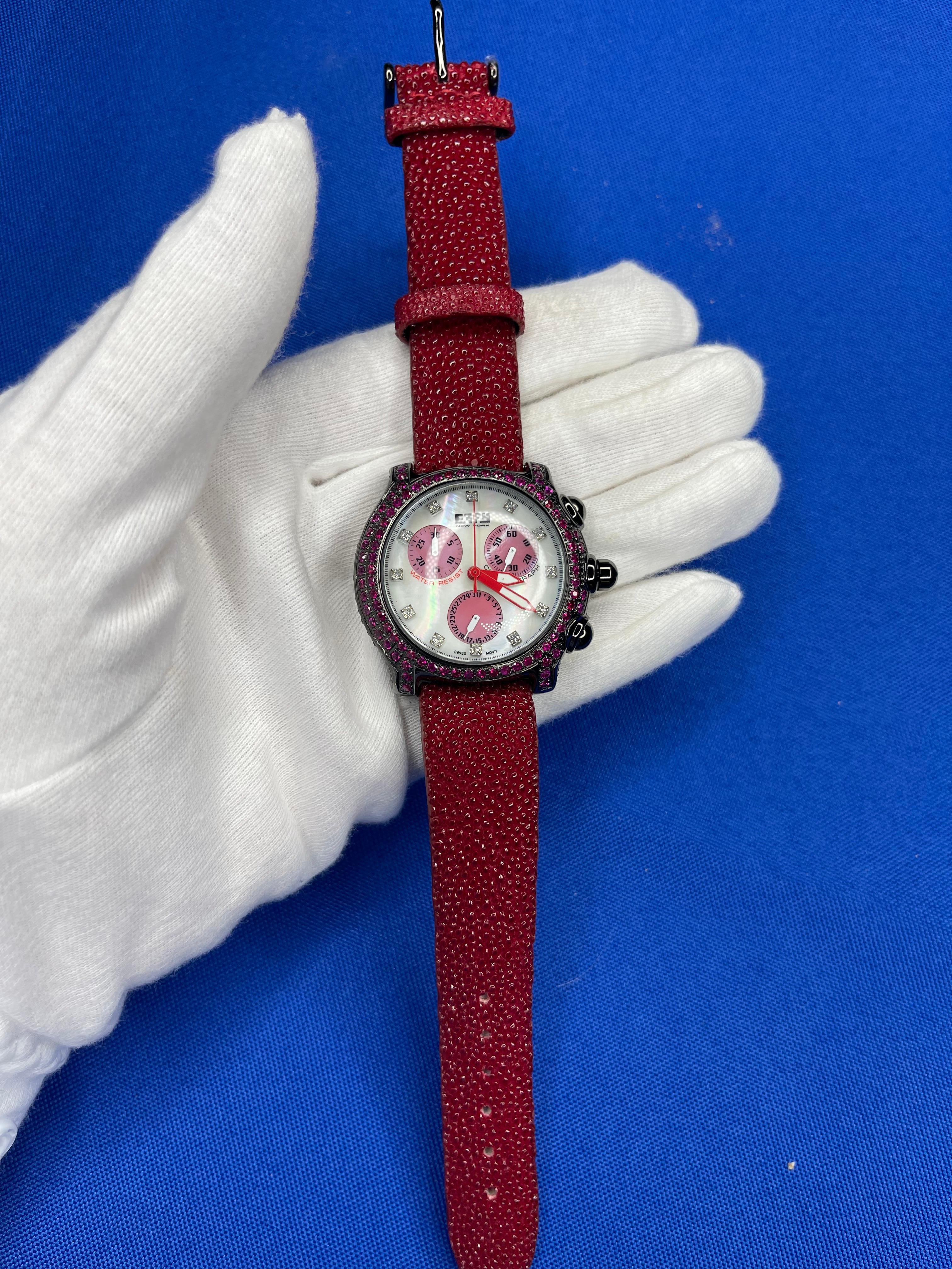 Red Sapphire & Diamond Pave Dial Luxury Swiss Quartz Exotic Leather Band Watch In New Condition For Sale In Oakton, VA