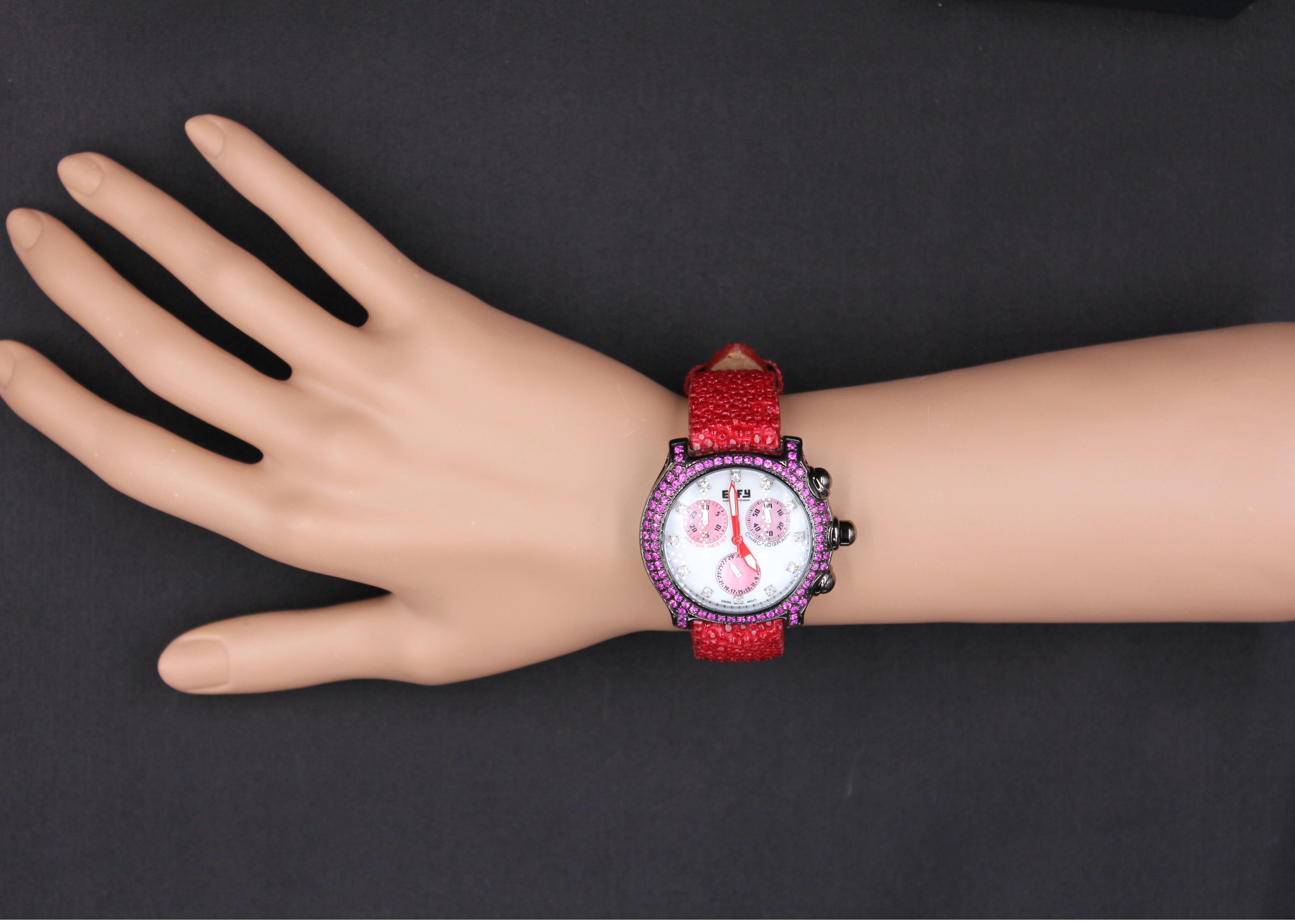Women's Red Sapphire & Diamond Pave Dial Luxury Swiss Quartz Exotic Leather Band Watch For Sale