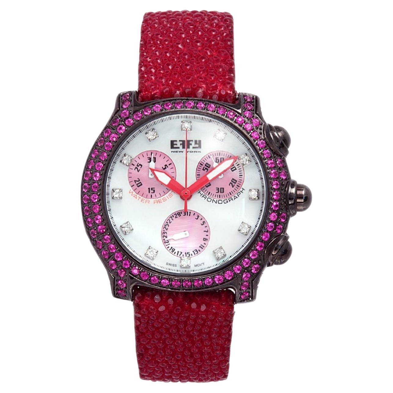Red Sapphire & Diamond Pave Dial Luxury Swiss Quartz Exotic Leather Band Watch For Sale