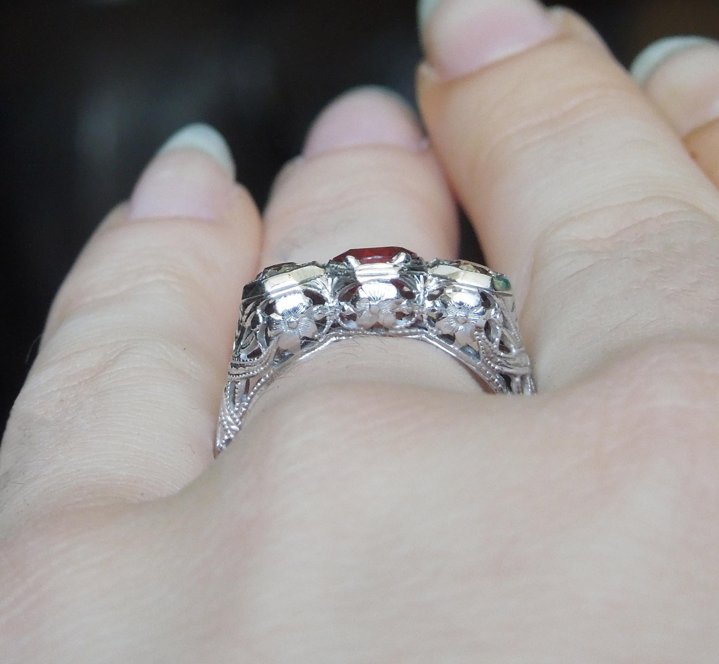 Edwardian Red Sapphire & Diamond Three Stone Filigree Ring For Sale