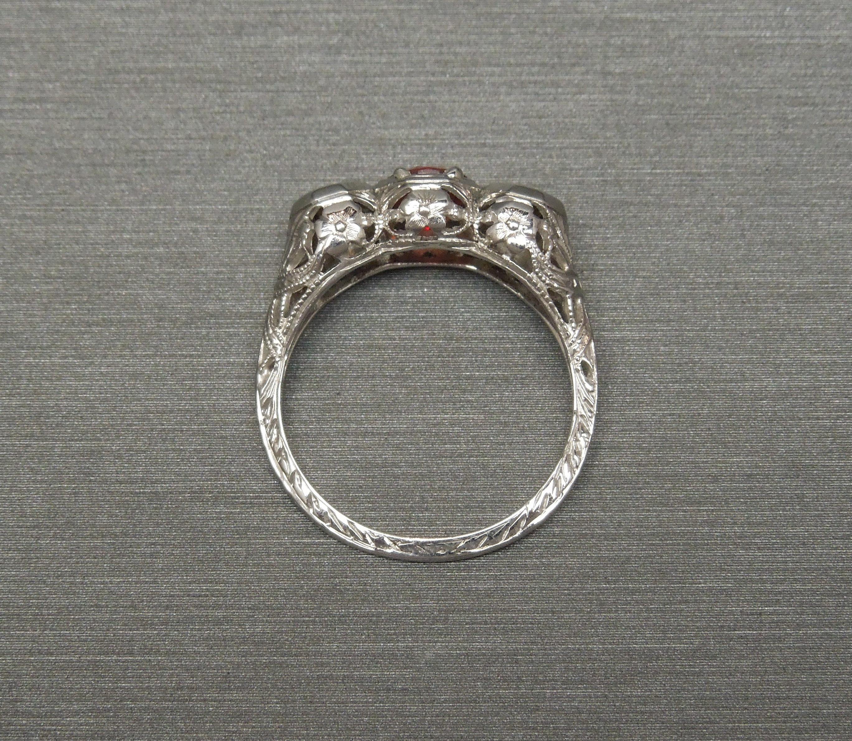 Emerald Cut Red Sapphire & Diamond Three Stone Filigree Ring For Sale