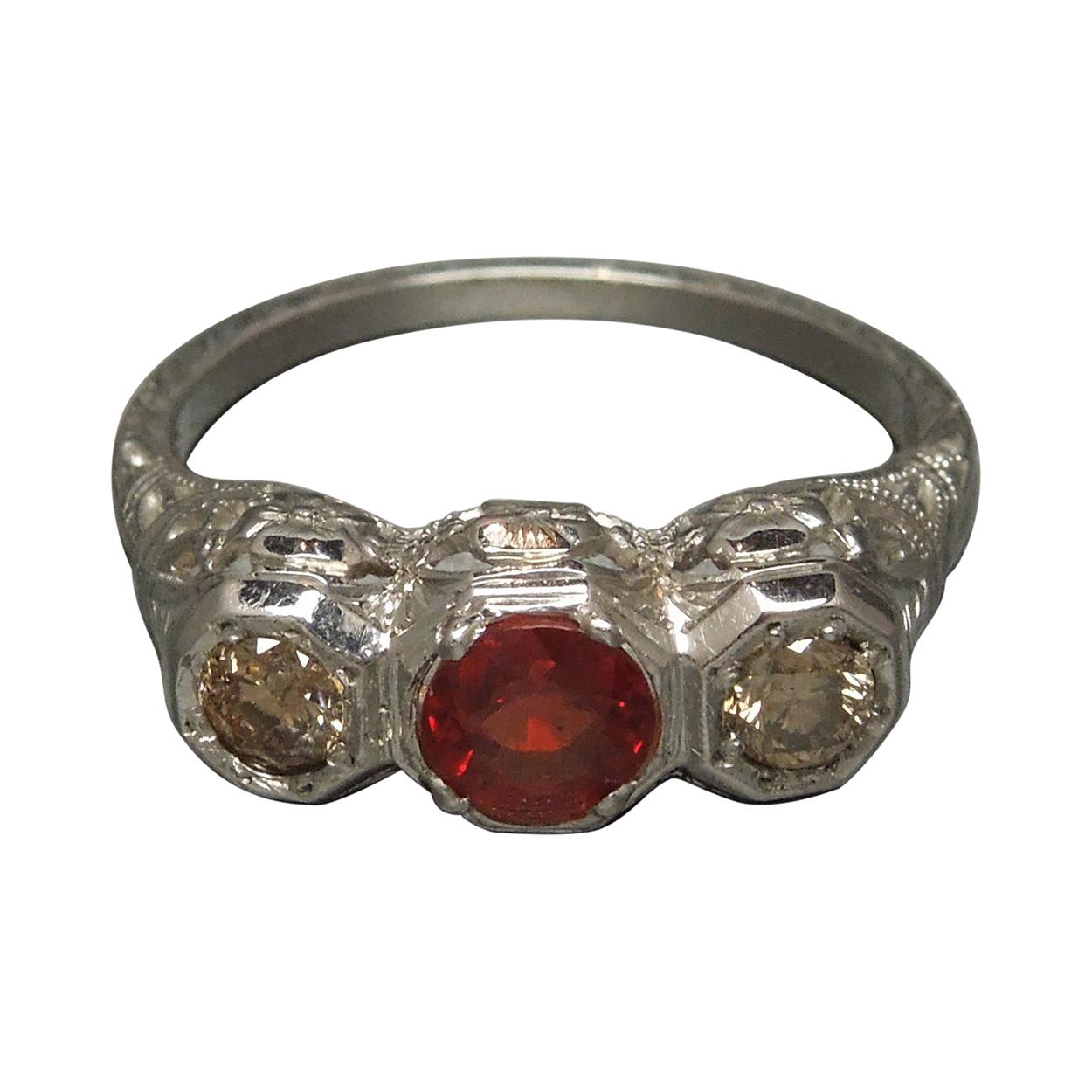 Red Sapphire & Diamond Three Stone Filigree Ring For Sale