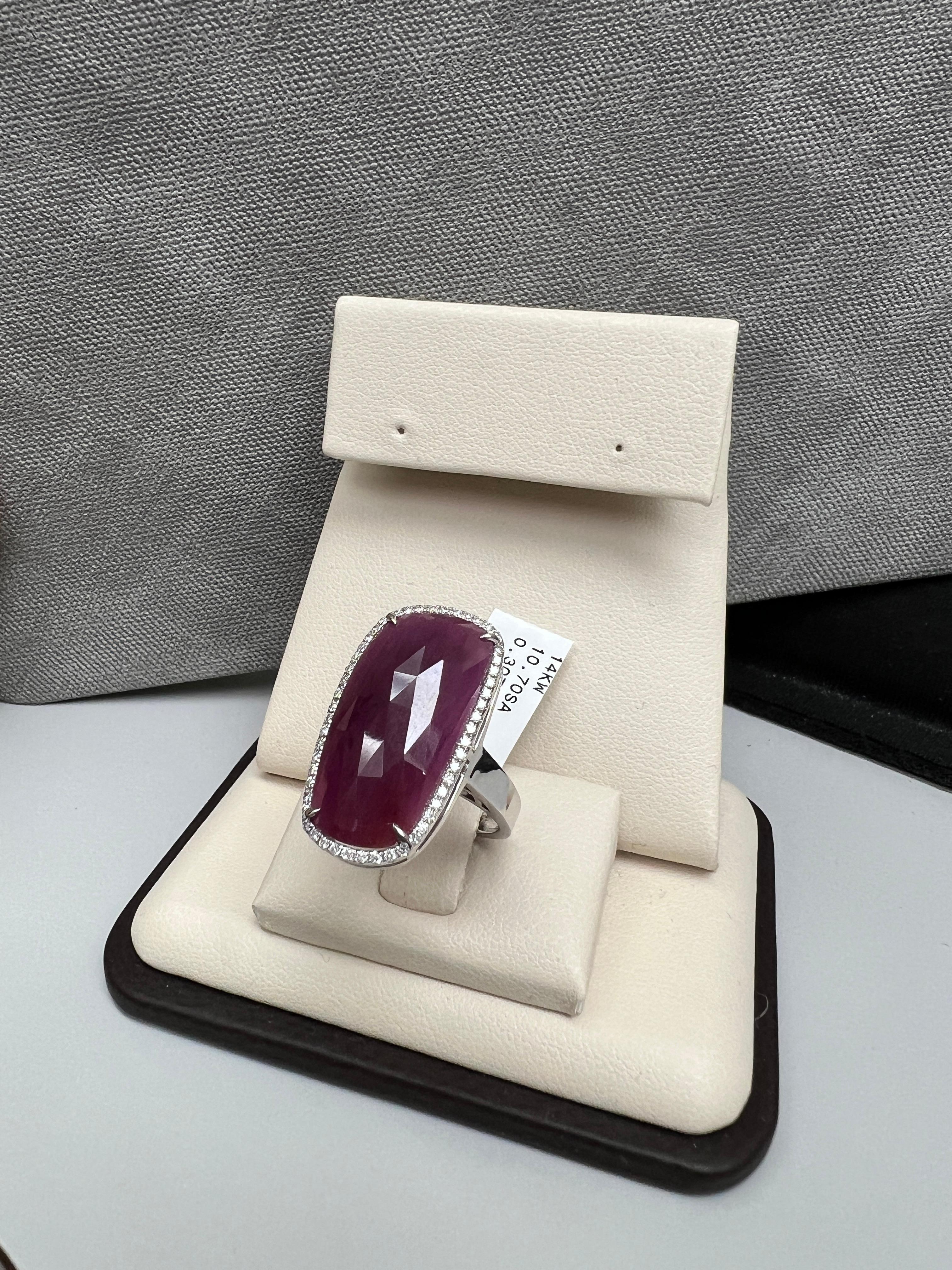 Round Cut Red Sapphire Slice Ring with Diamonds 14k White Gold For Sale
