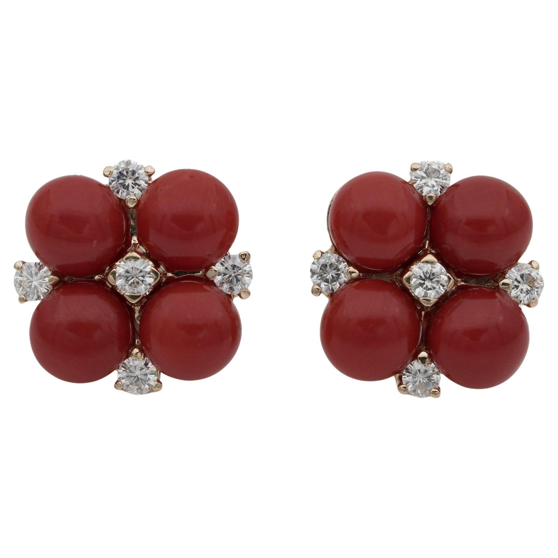 Red Sardinia Coral .50 Ct Diamond Floret 18 KT Earrings