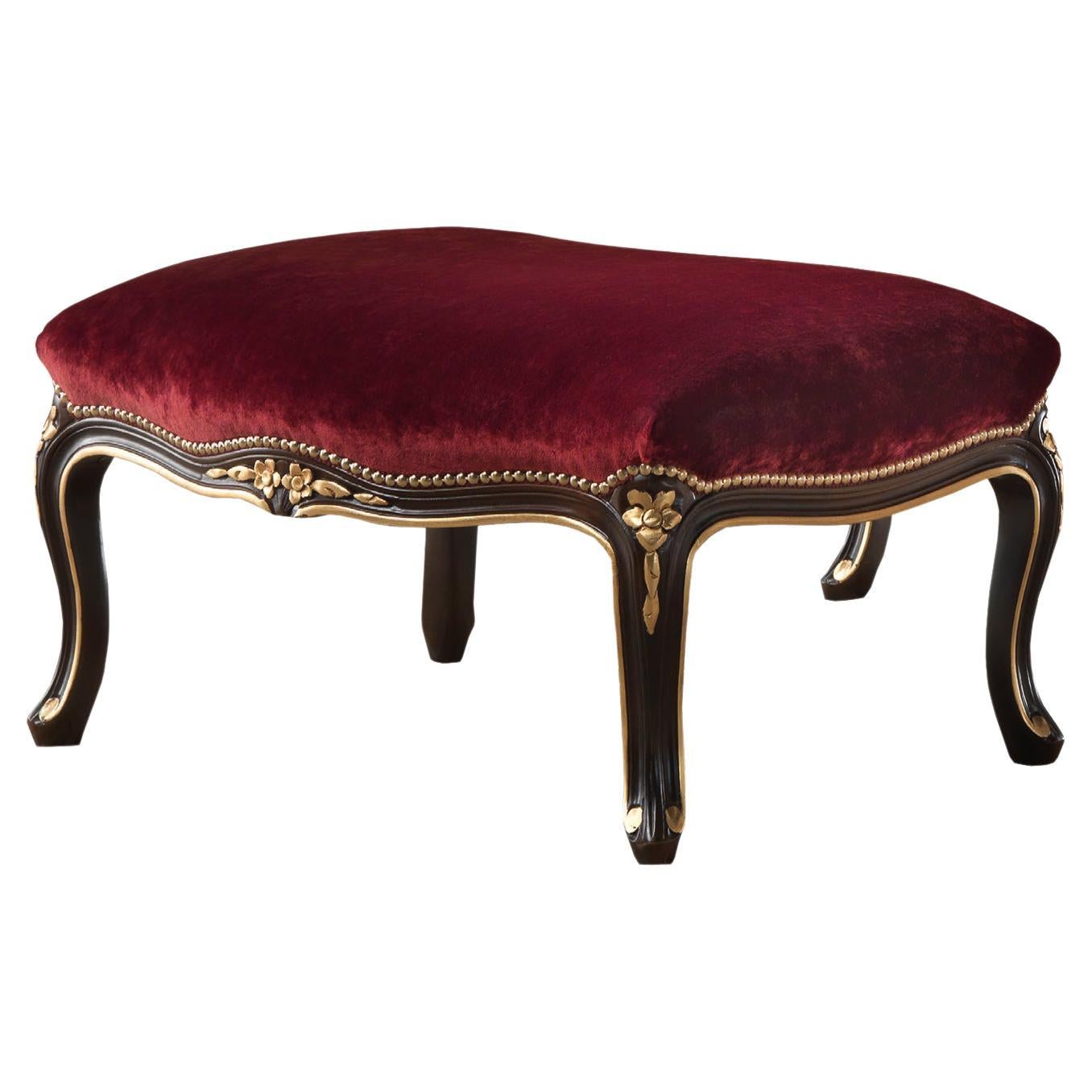 Red Satin and Dark Walnut Finish Footstool by Modenese Gastone Interiors For Sale