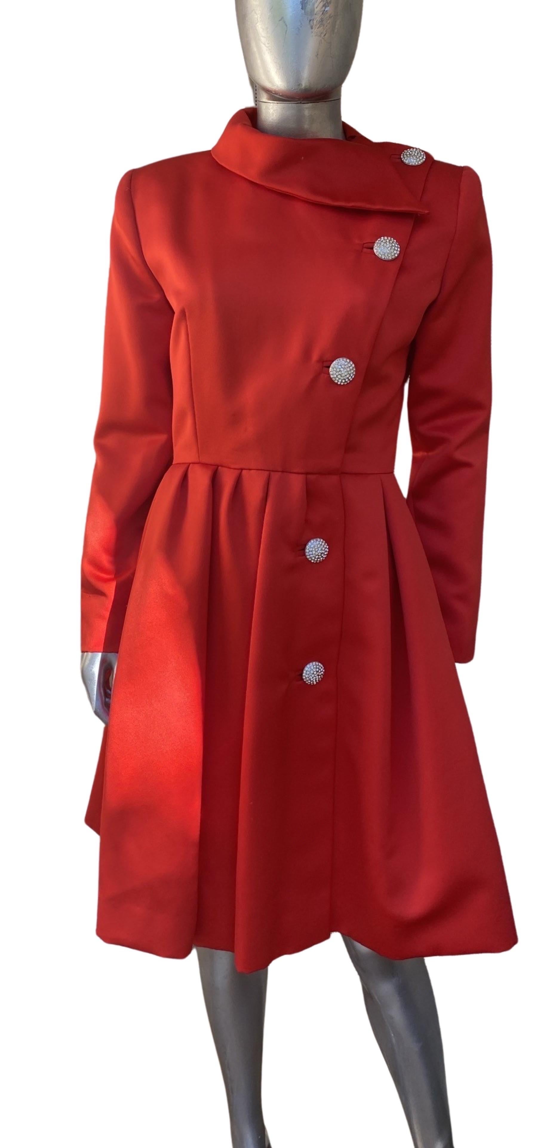 Red Satin and Rhinestone Button Coat Dress by Victor Costa Neiman Marcus Size 8 For Sale 6