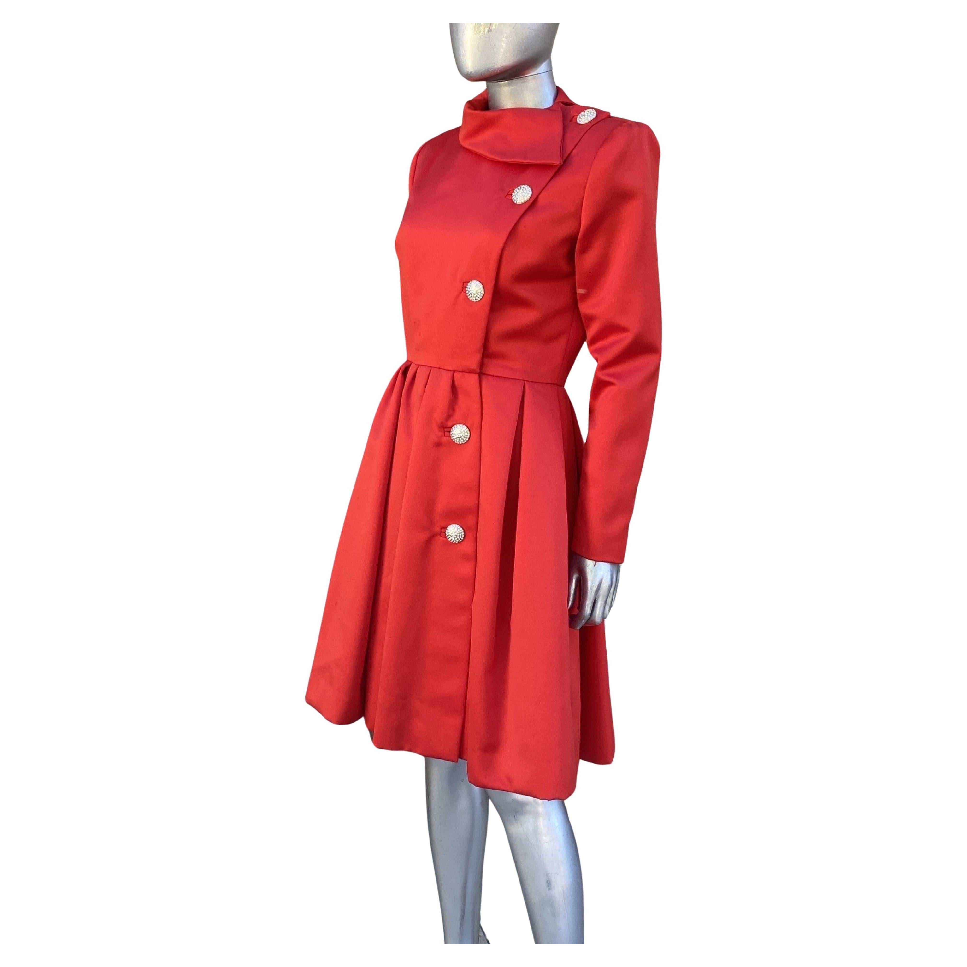 Women's Red Satin and Rhinestone Button Coat Dress by Victor Costa Neiman Marcus Size 8 For Sale