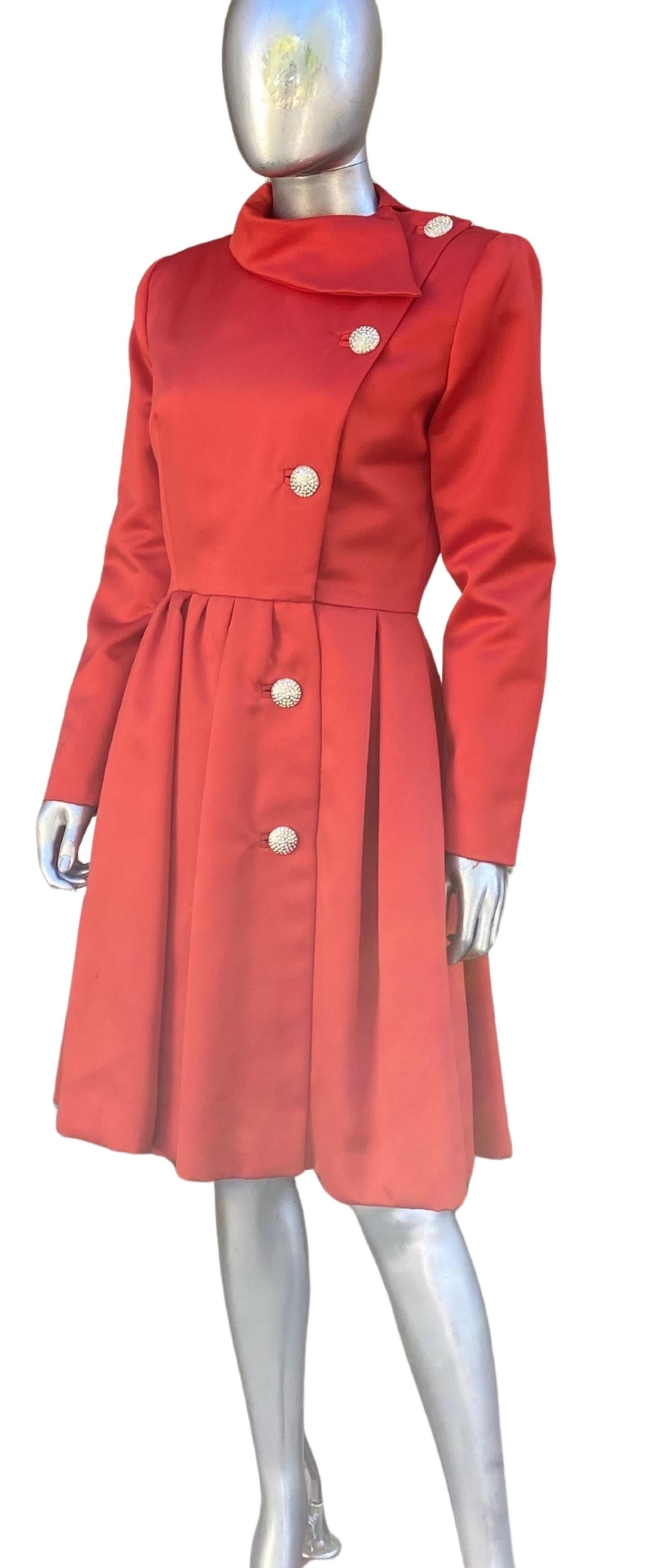 Red Satin and Rhinestone Button Coat Dress by Victor Costa Neiman Marcus Size 8 For Sale 1