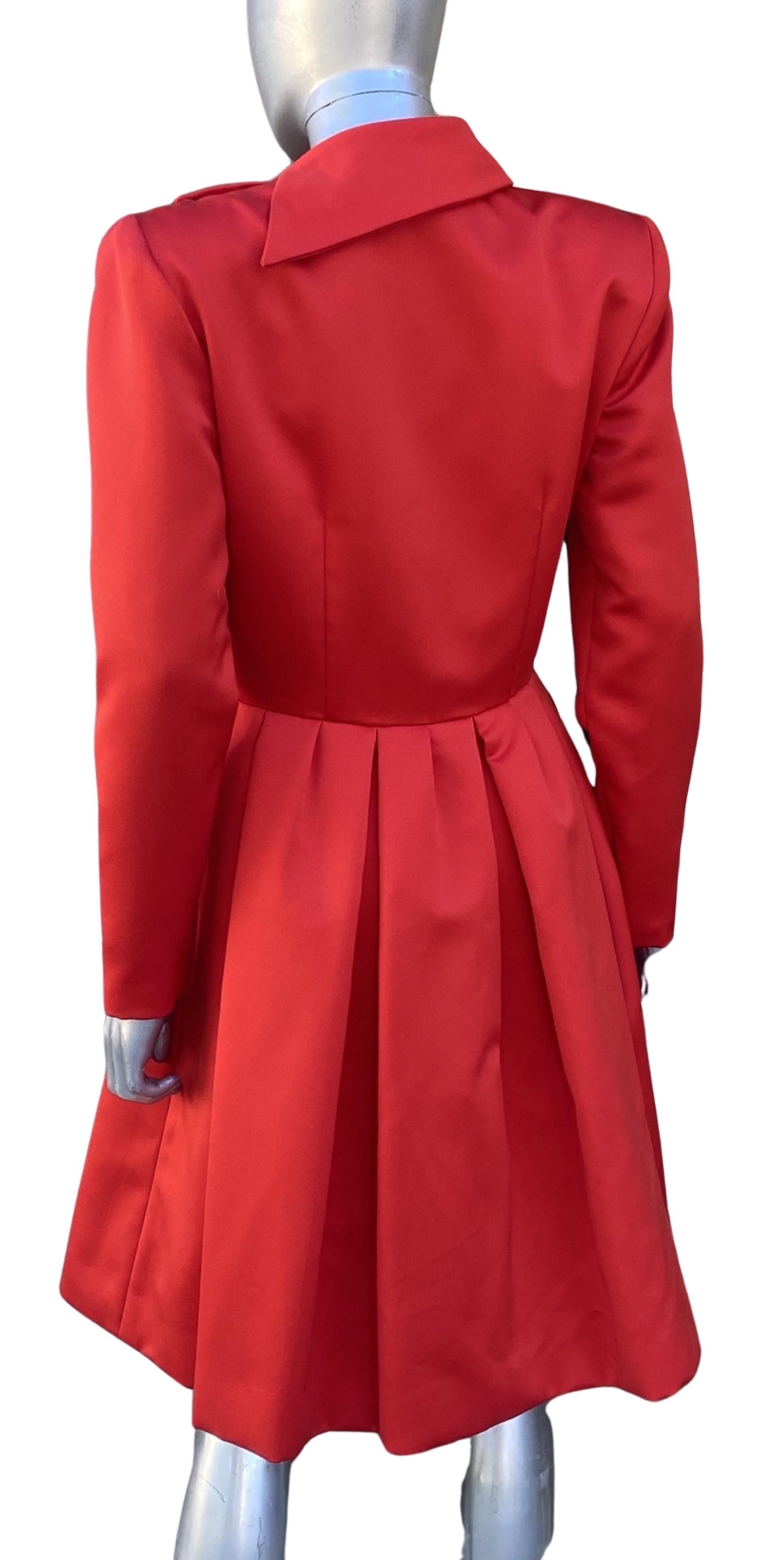Red Satin and Rhinestone Button Coat Dress by Victor Costa Neiman Marcus Size 8 For Sale 2