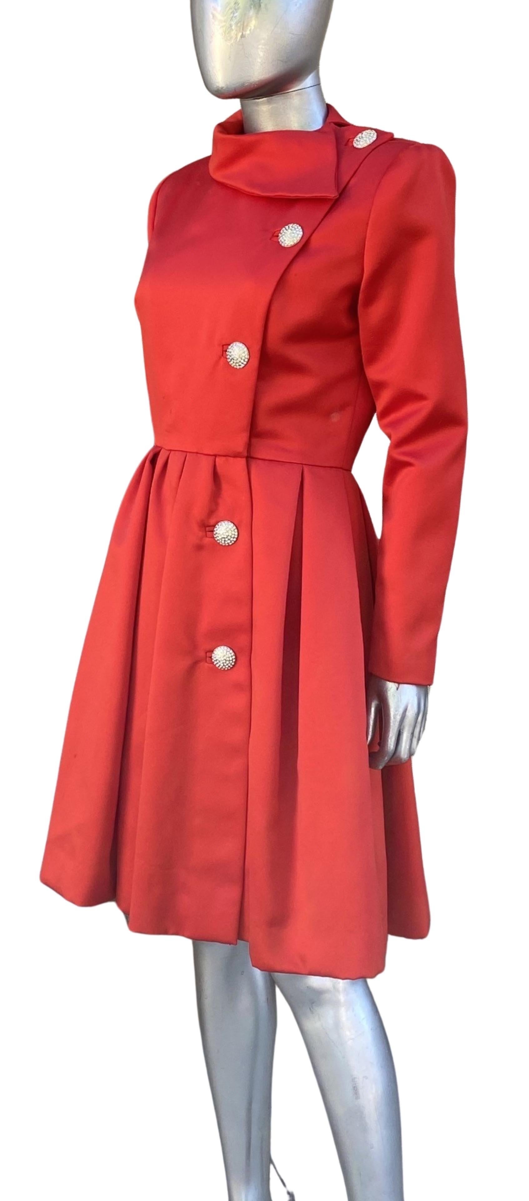 Red Satin and Rhinestone Button Coat Dress by Victor Costa Neiman Marcus Size 8 For Sale 3