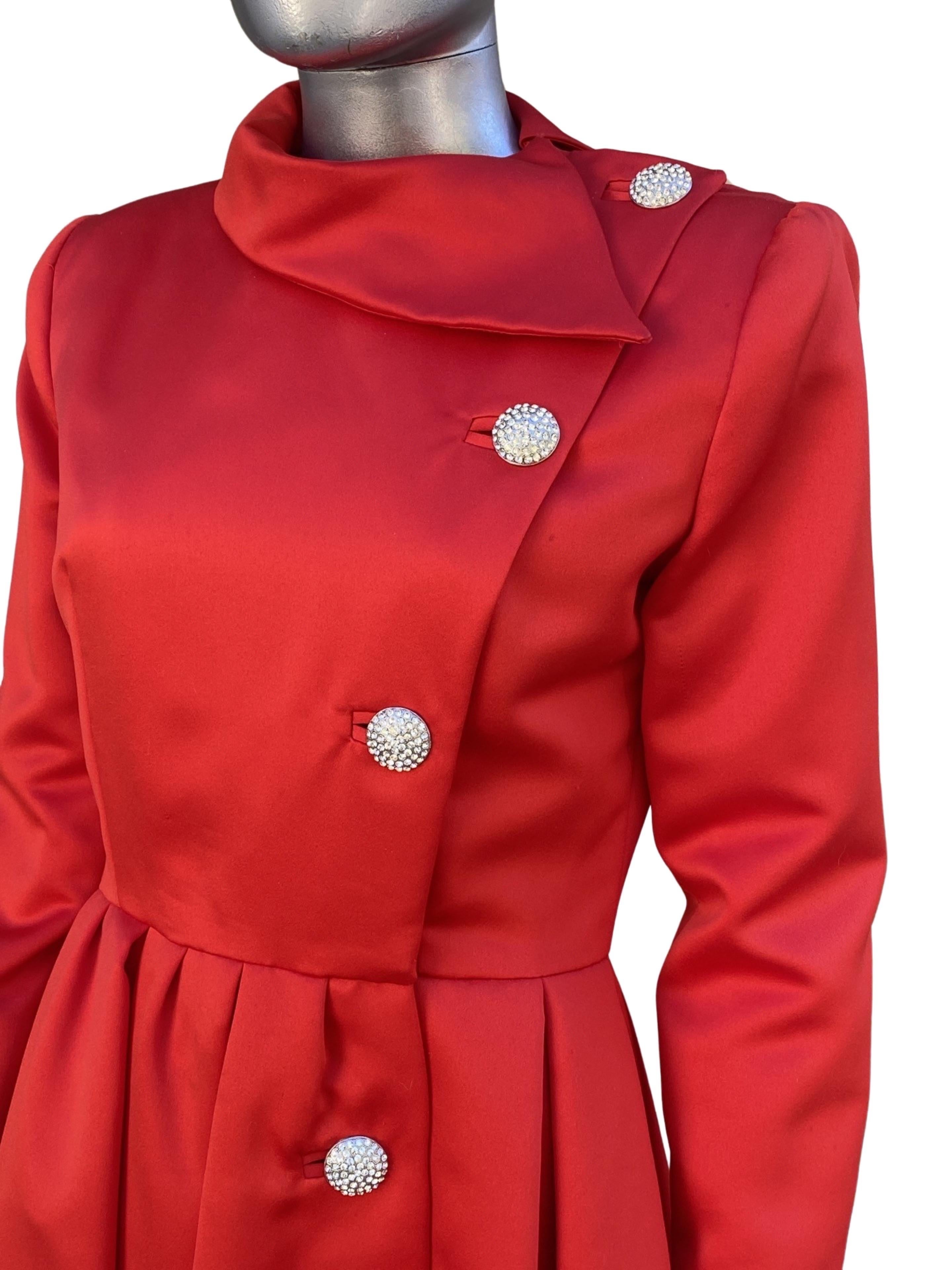 Red Satin and Rhinestone Button Coat Dress by Victor Costa Neiman Marcus Size 8 For Sale 4