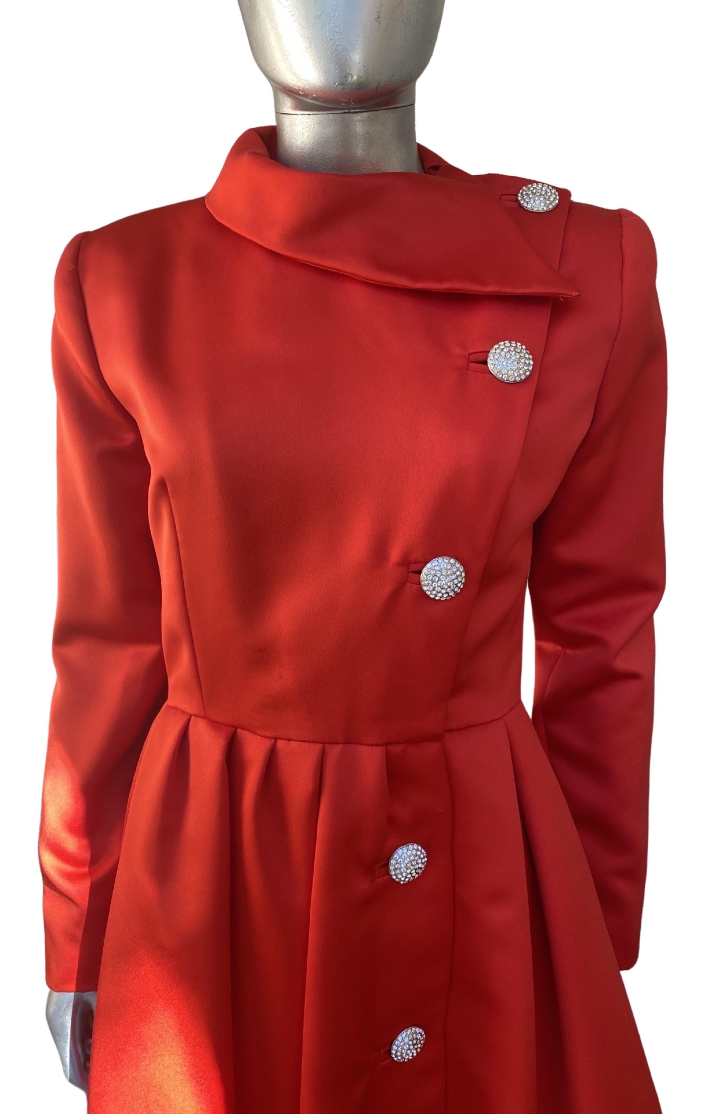 Red Satin and Rhinestone Button Coat Dress by Victor Costa Neiman Marcus Size 8 For Sale 5