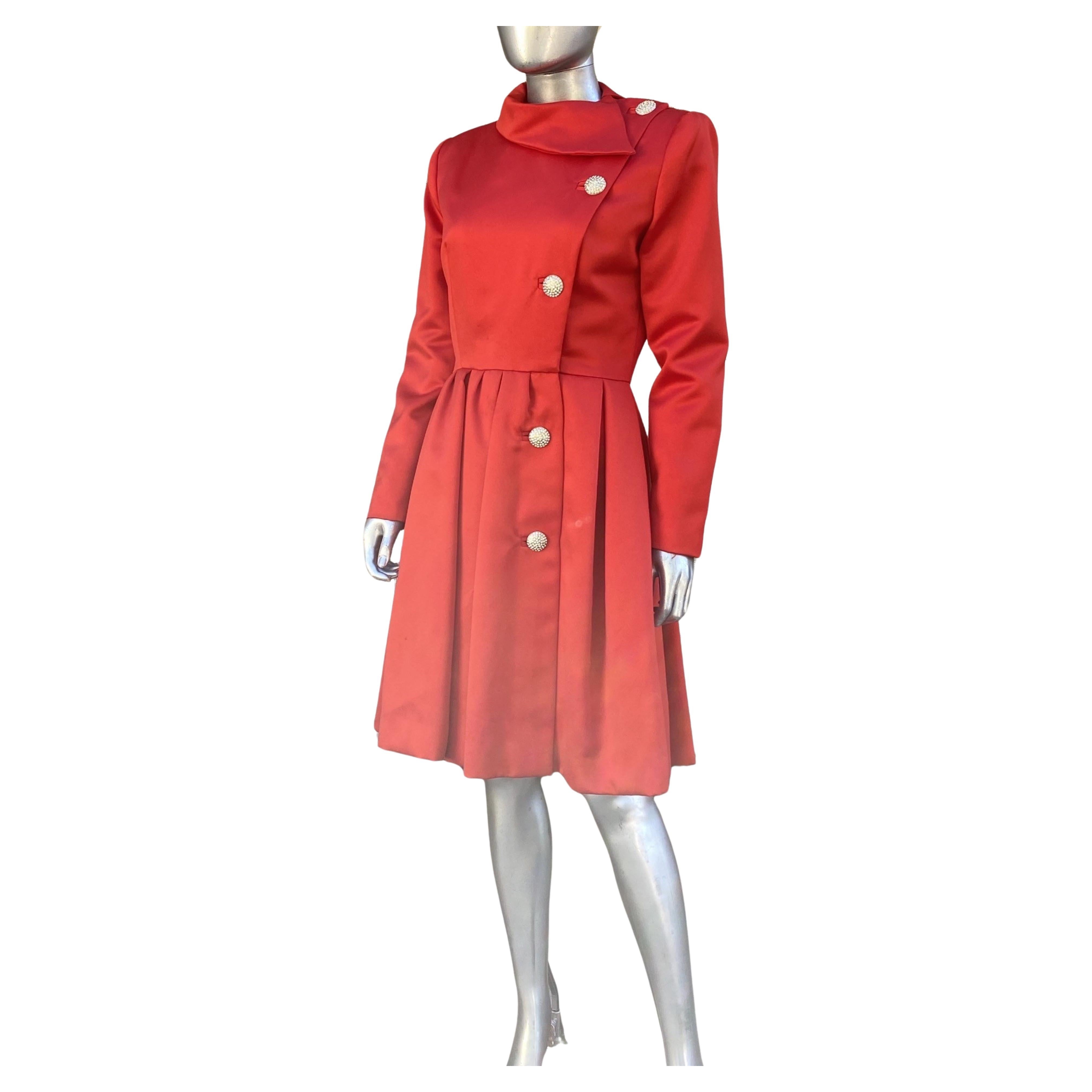 Red Satin and Rhinestone Button Coat Dress by Victor Costa Neiman Marcus Size 8 For Sale