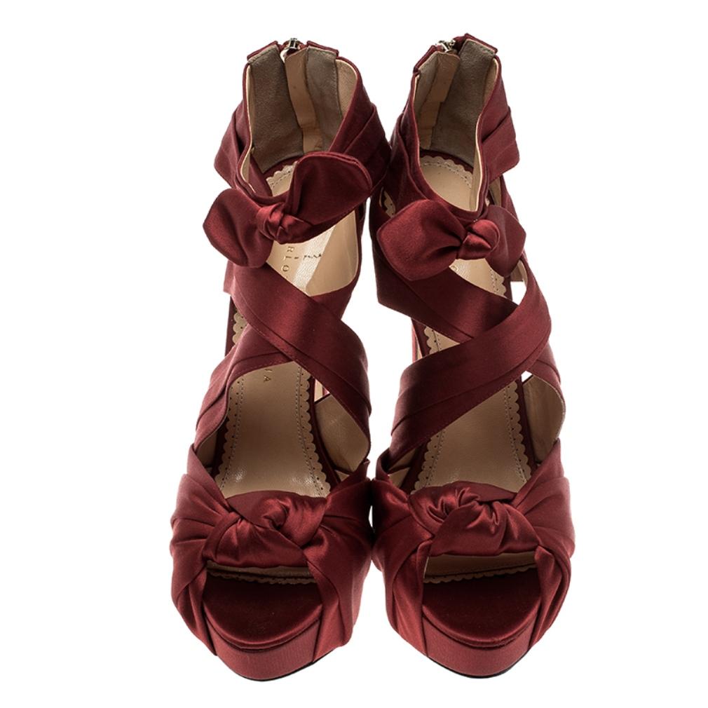 Brown Red Satin Andrea Cross Strap Knotted Platform Sandals Size 41