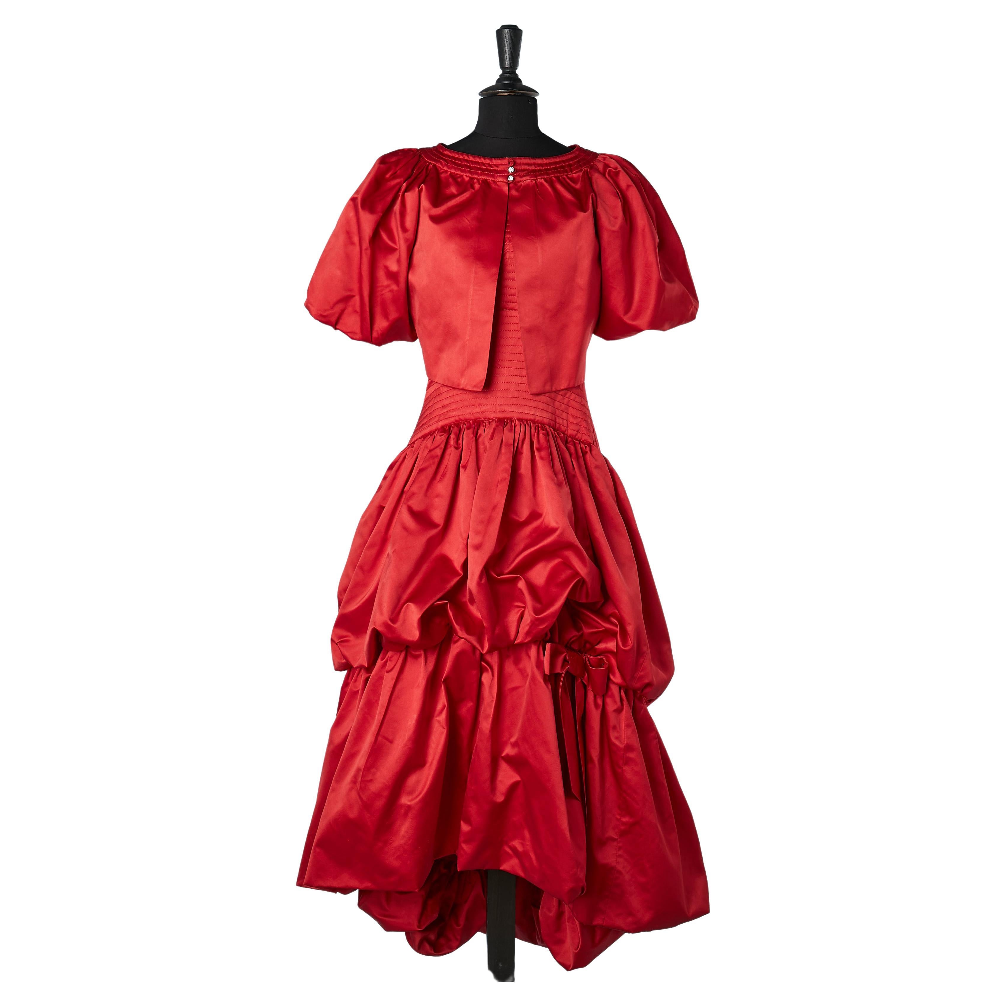 Red satin boléro and bustier evening dress asymmetrical with ruffle Circa 1980's For Sale