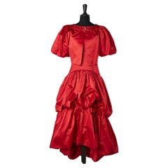 Vintage Red satin boléro and bustier evening dress asymmetrical with ruffle Circa 1980's