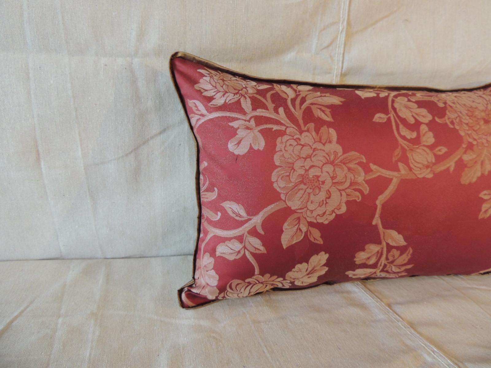 Hollywood Regency Red Satin Floral Modern Lumbar Decorative Pillow
