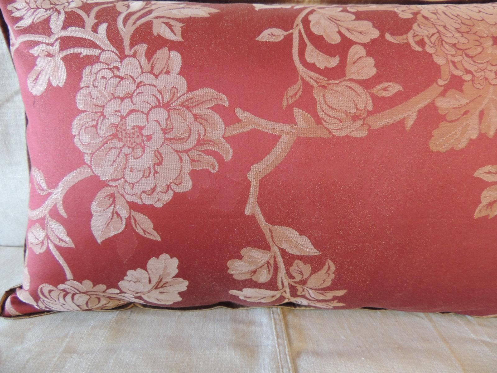 Portuguese Red Satin Floral Modern Lumbar Decorative Pillow