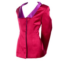 Retro Red Satin Oscar de la Renta Evening Jacket With Purple Lapels Size 12