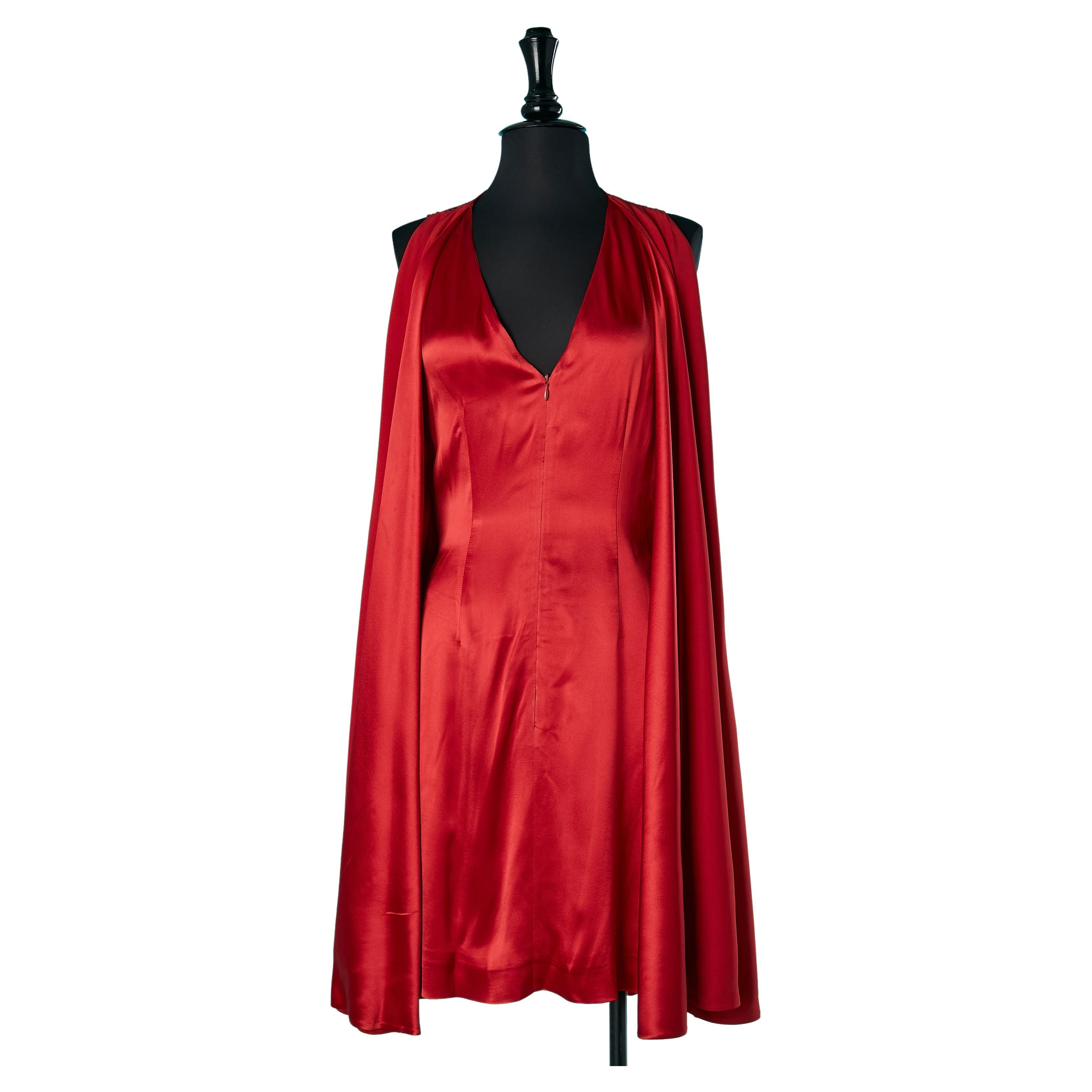 Robe de cocktail sans manches en satin rouge avec dos transparent en dentelle Grès  en vente