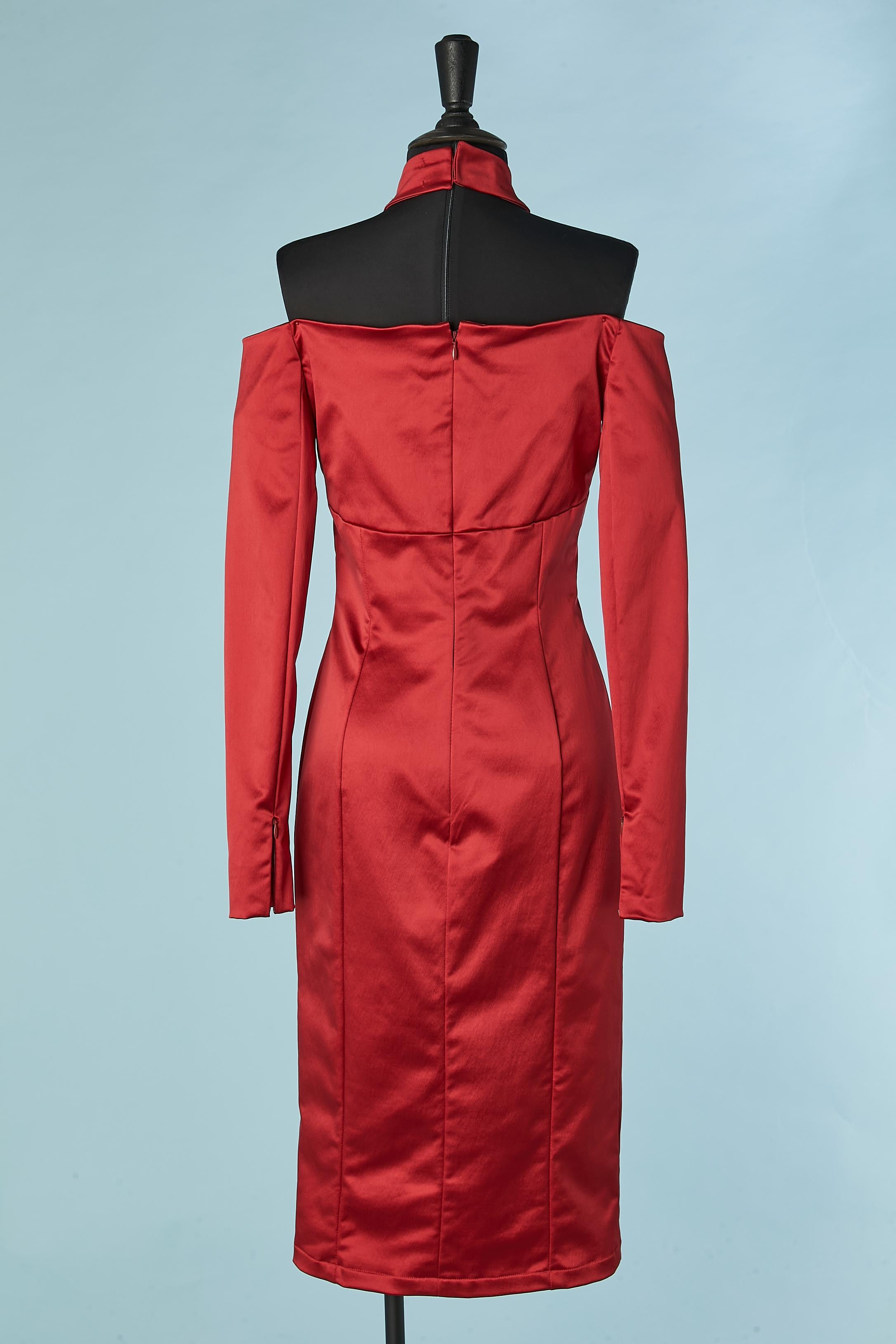 Red satin stretch cocktail dress with cut-work on the shoulders Céline  For Sale 1