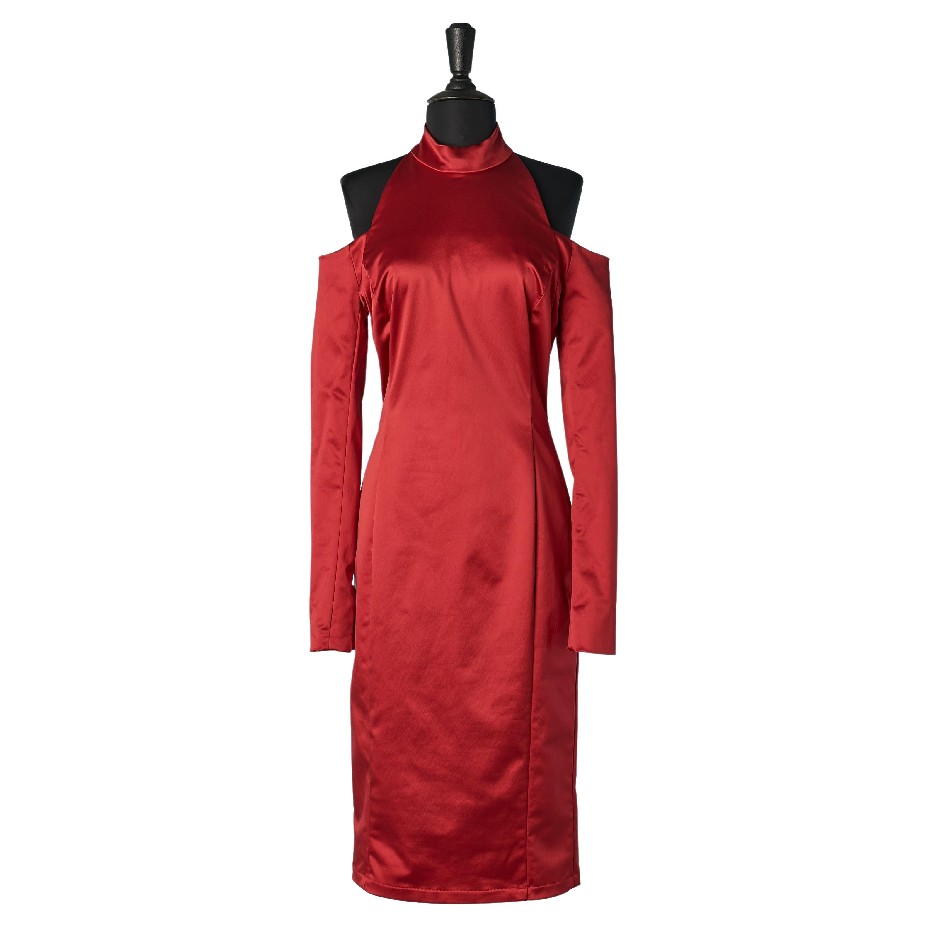 Red satin stretch cocktail dress with cut-work on the shoulders Céline  For Sale