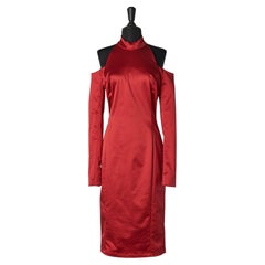 Red satin stretch cocktail dress with cut-work on the shoulders Céline 