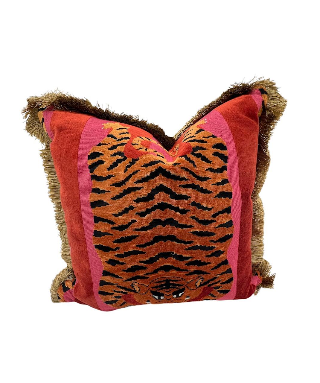 American Red Schumacher Jokhang Tiger Pillow in Gold Fringe