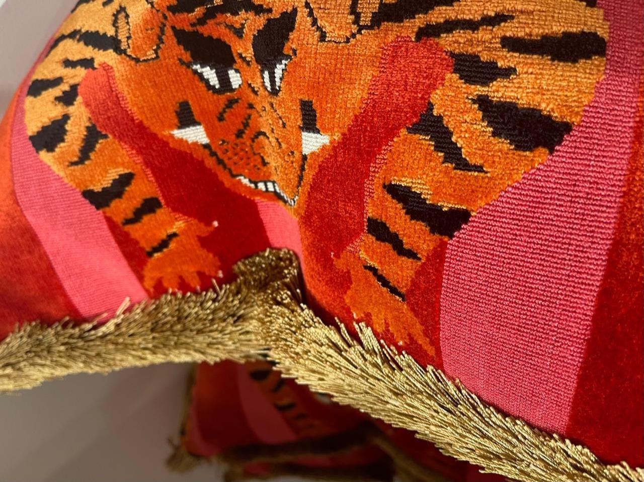 Red Schumacher Jokhang Tiger Pillow in Gold Fringe In New Condition In Saint Louis, US