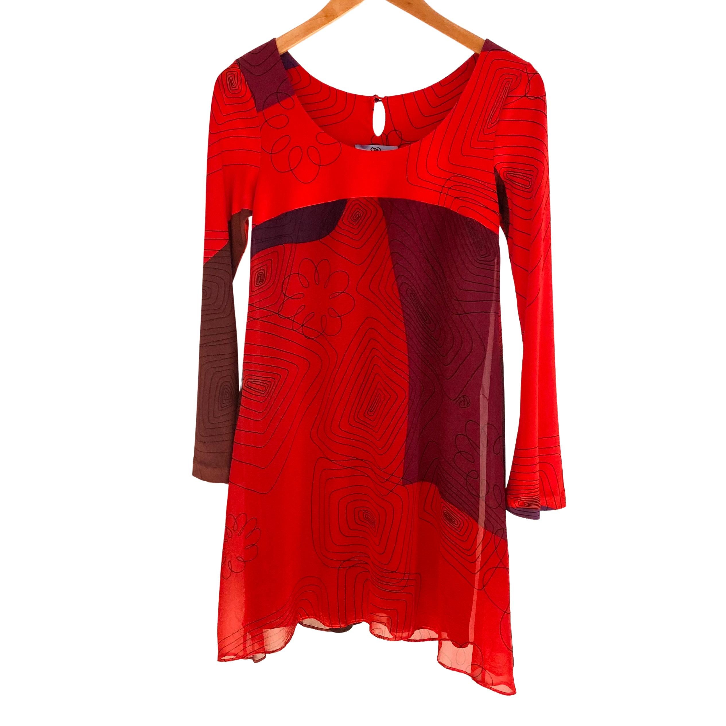Red Scribble Print Mix Media Silk Boho Mini Dress  - NWT Flora Kung For Sale 1