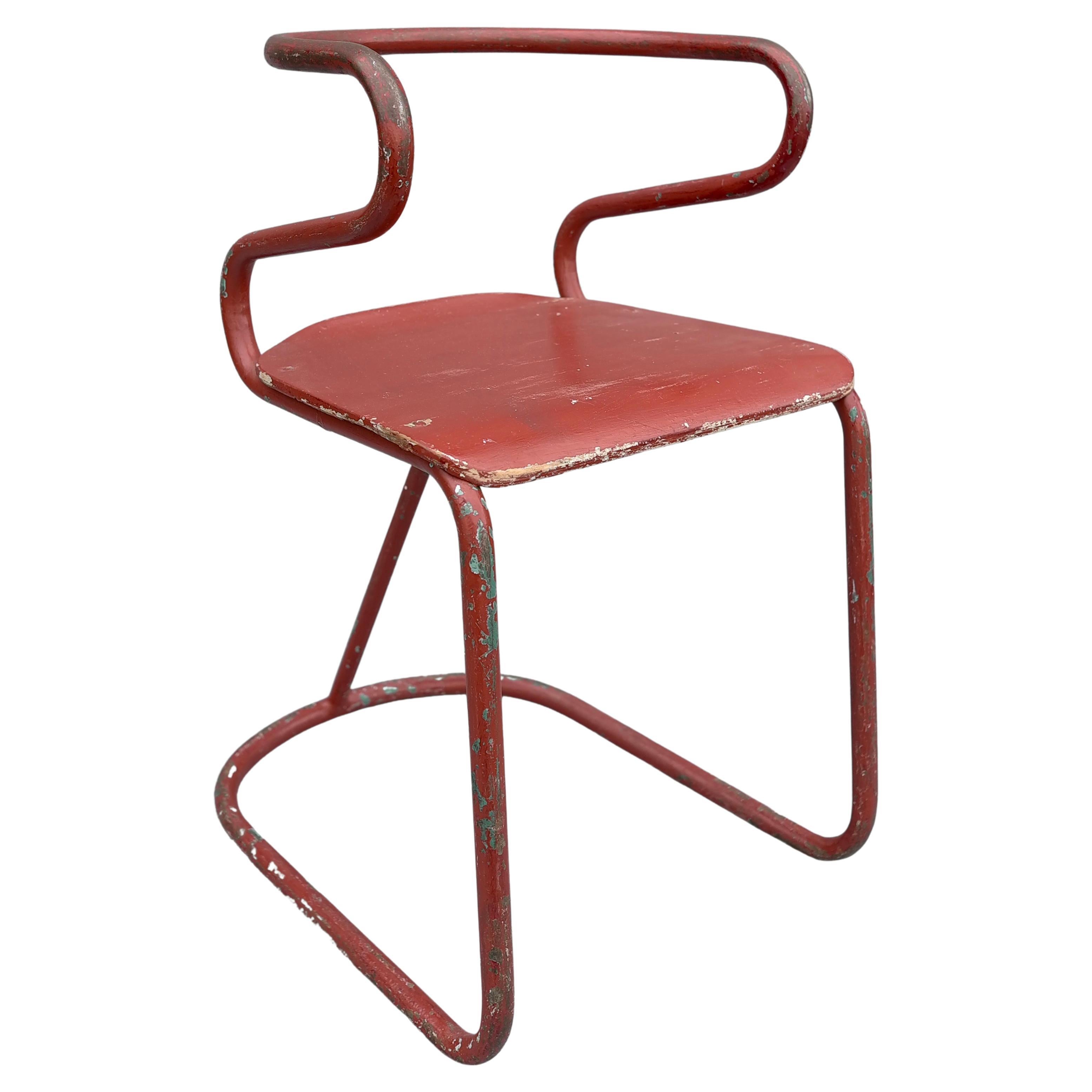 Red Sculptural Tubular Steel and Wood Mid-Century Modern Children Chair, 1950's For Sale