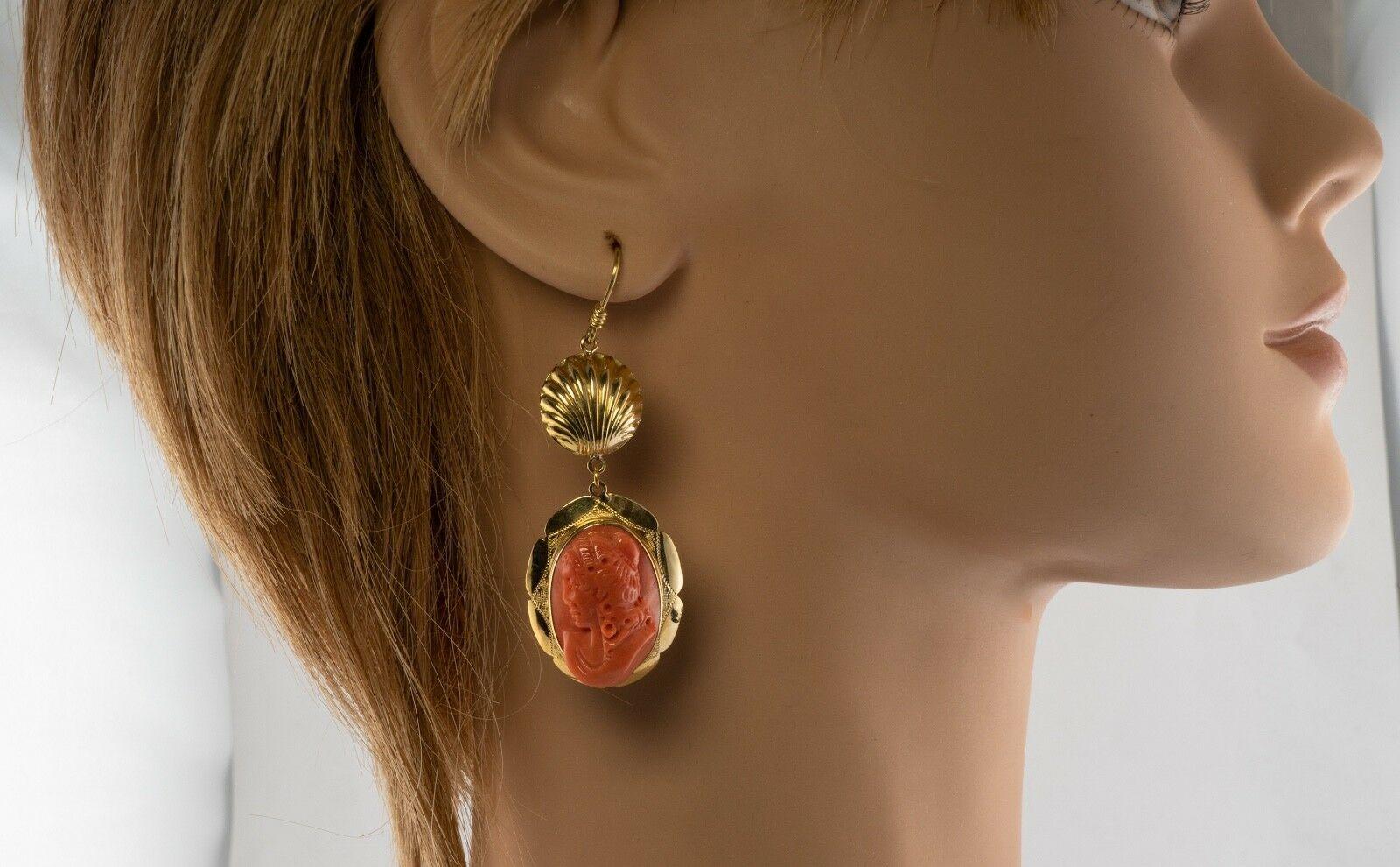 Red Sea Coral Earrings Cameo 18K Gold Vintage For Sale 3