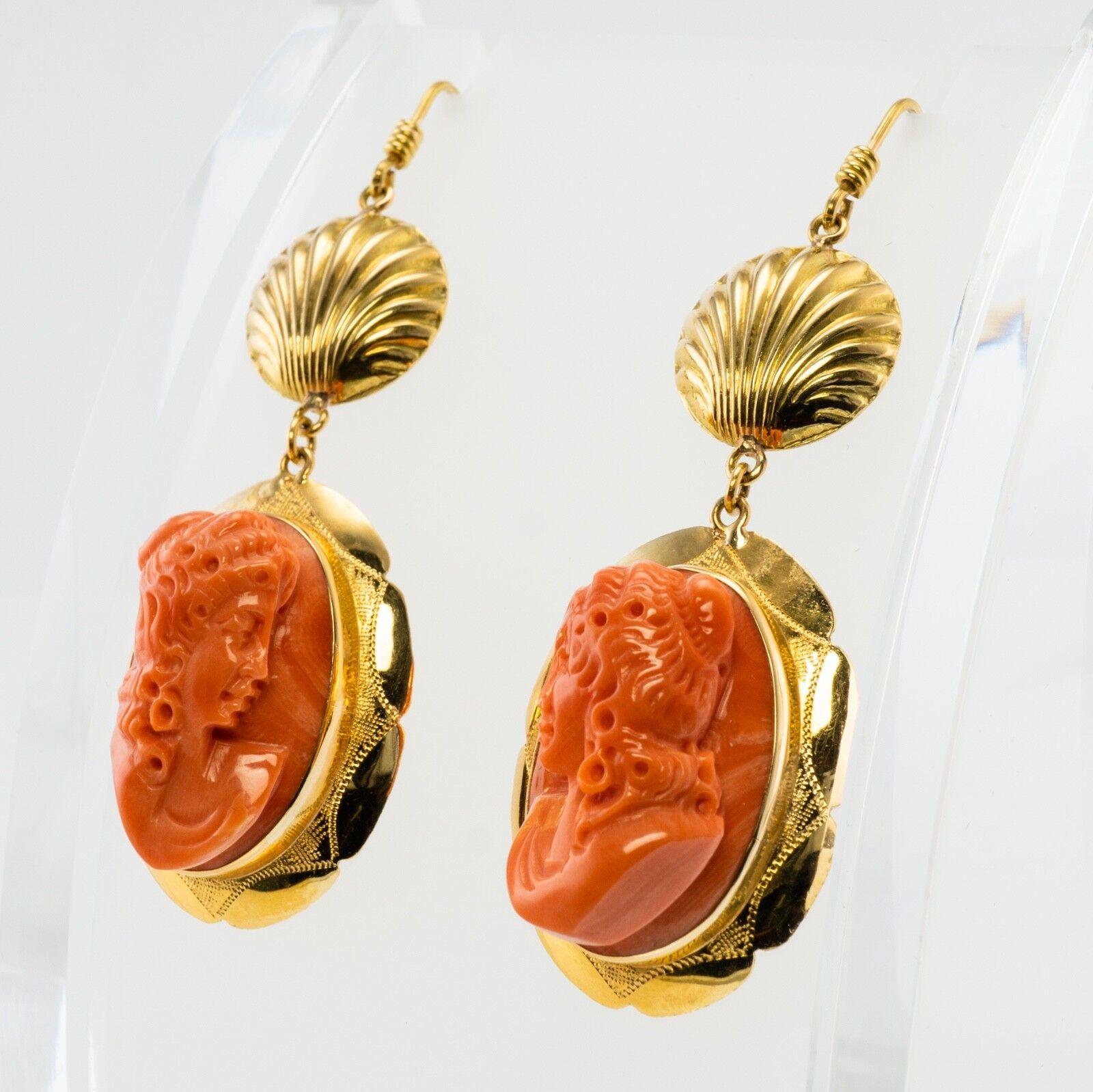 Cabochon Red Sea Coral Earrings Cameo 18K Gold Vintage For Sale